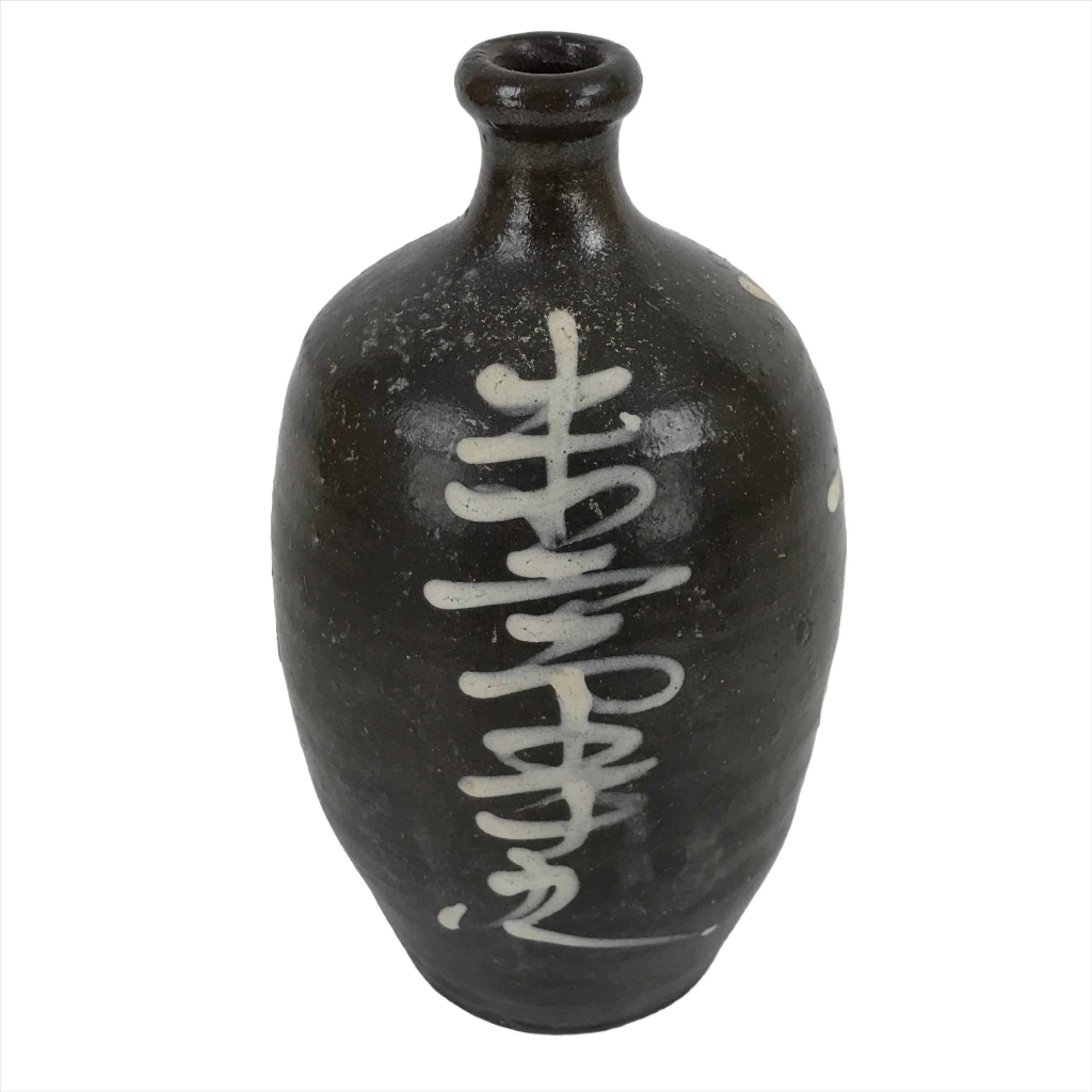 Antique C1900 Japanese Ceramic Sake Bottle Kayoi-Tokkuri White Kanji Brown TS675