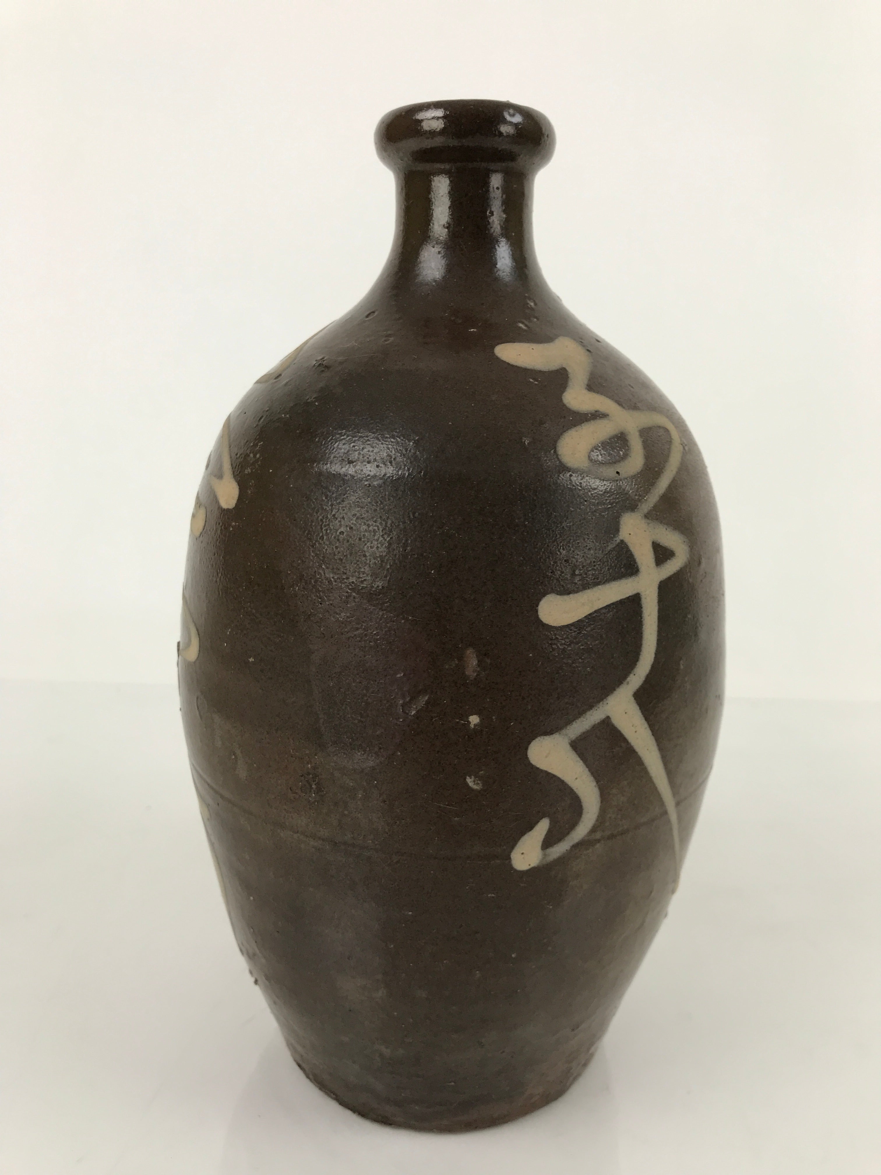 Antique C1900 Japanese Ceramic Sake Bottle Kayoi-Tokkuri White Kanji Brown TS676