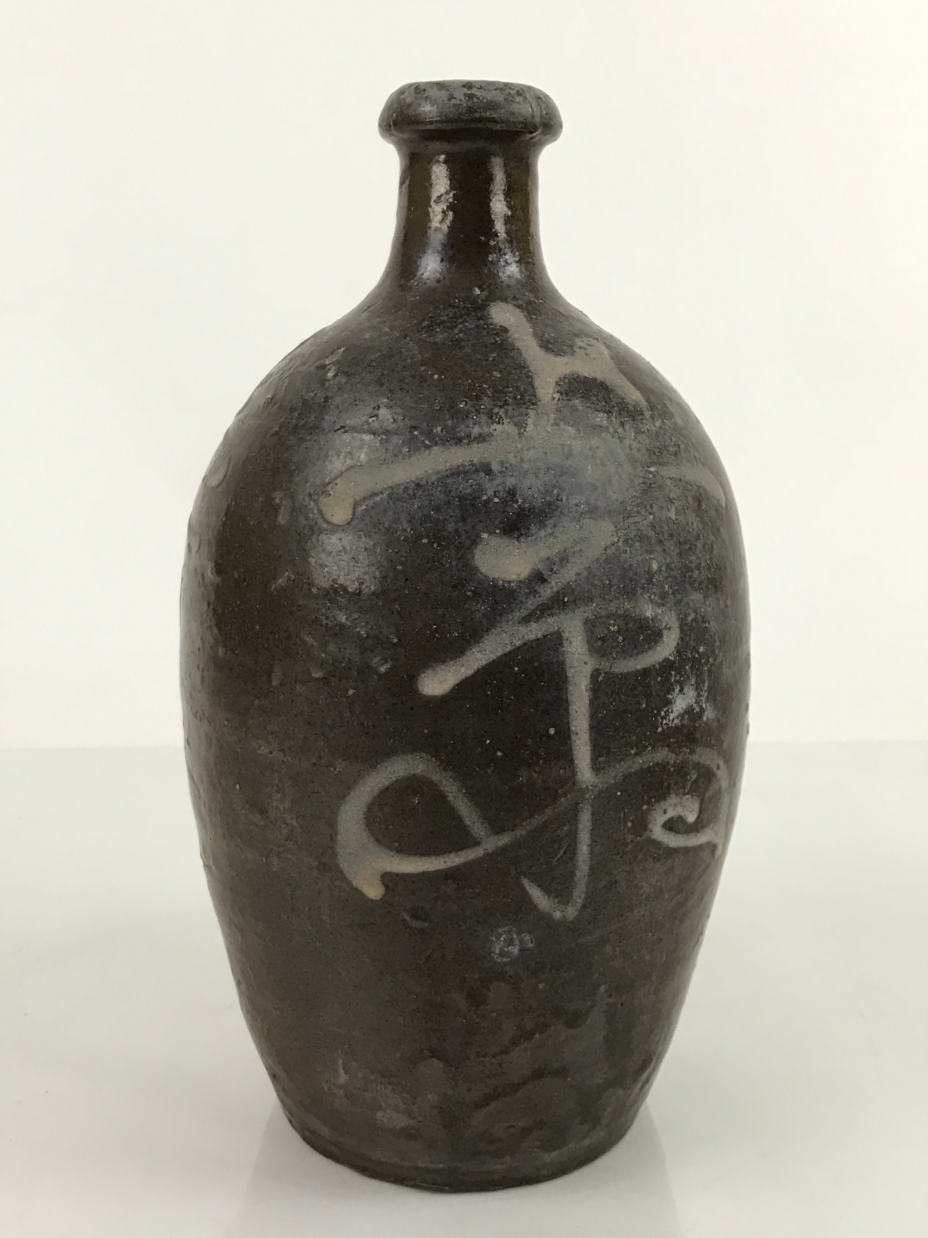 Antique C1900 Japanese Ceramic Sake Bottle Kayoi-Tokkuri White Kanji Brown TS678