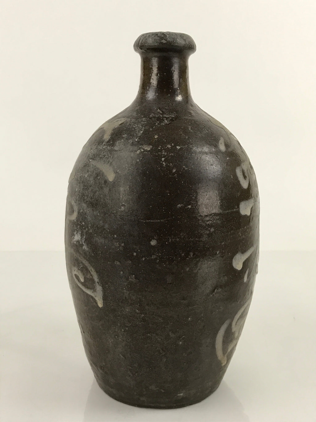 Antique C1900 Japanese Ceramic Sake Bottle Kayoi-Tokkuri White Kanji Brown TS678