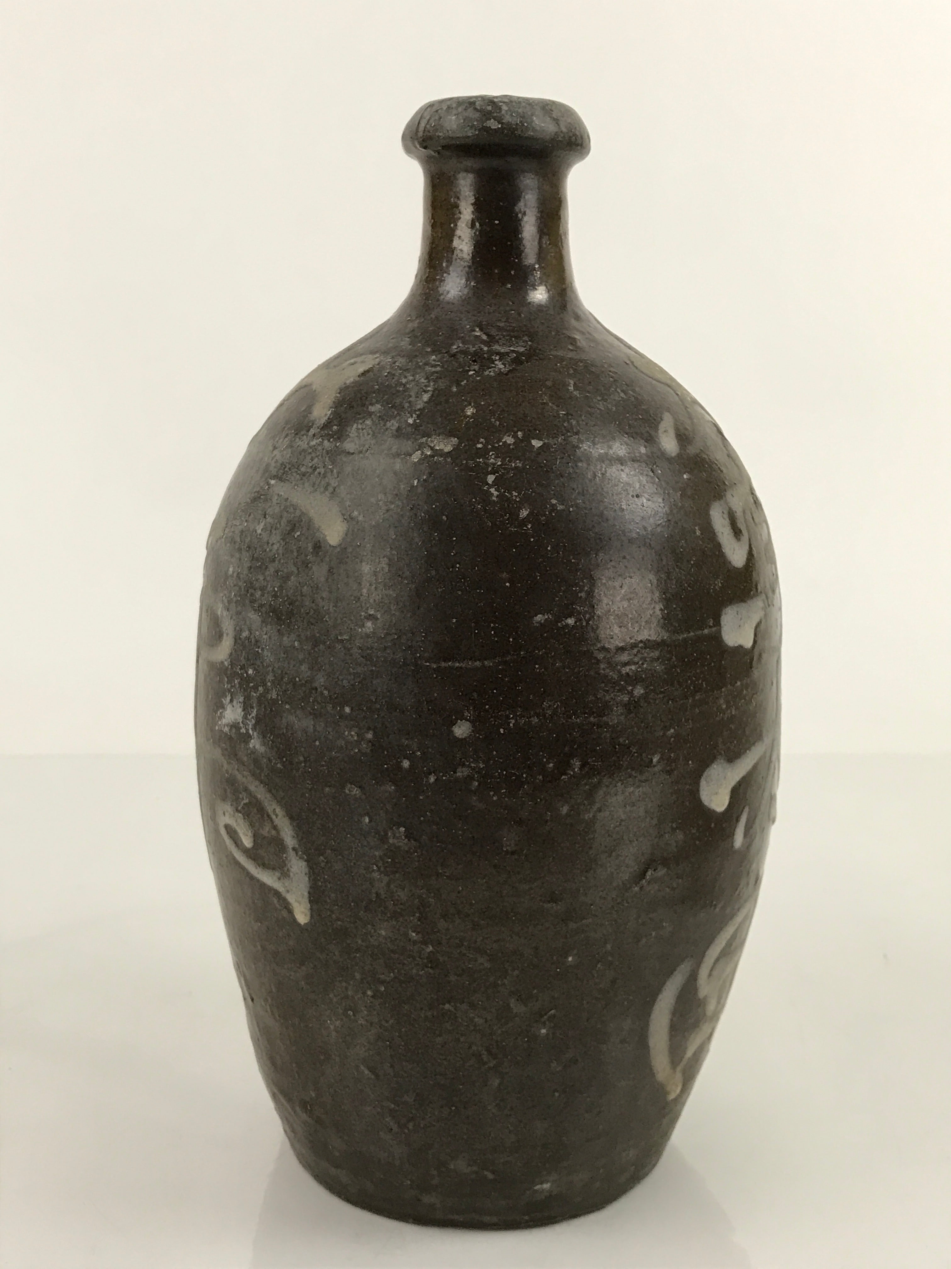 Antique C1900 Japanese Ceramic Sake Bottle Kayoi-Tokkuri White Kanji Brown TS678