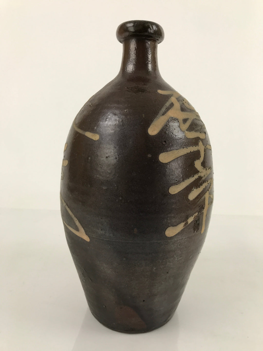 Antique C1900 Japanese Ceramic Sake Bottle Kayoi-Tokkuri White Kanji Brown TS679