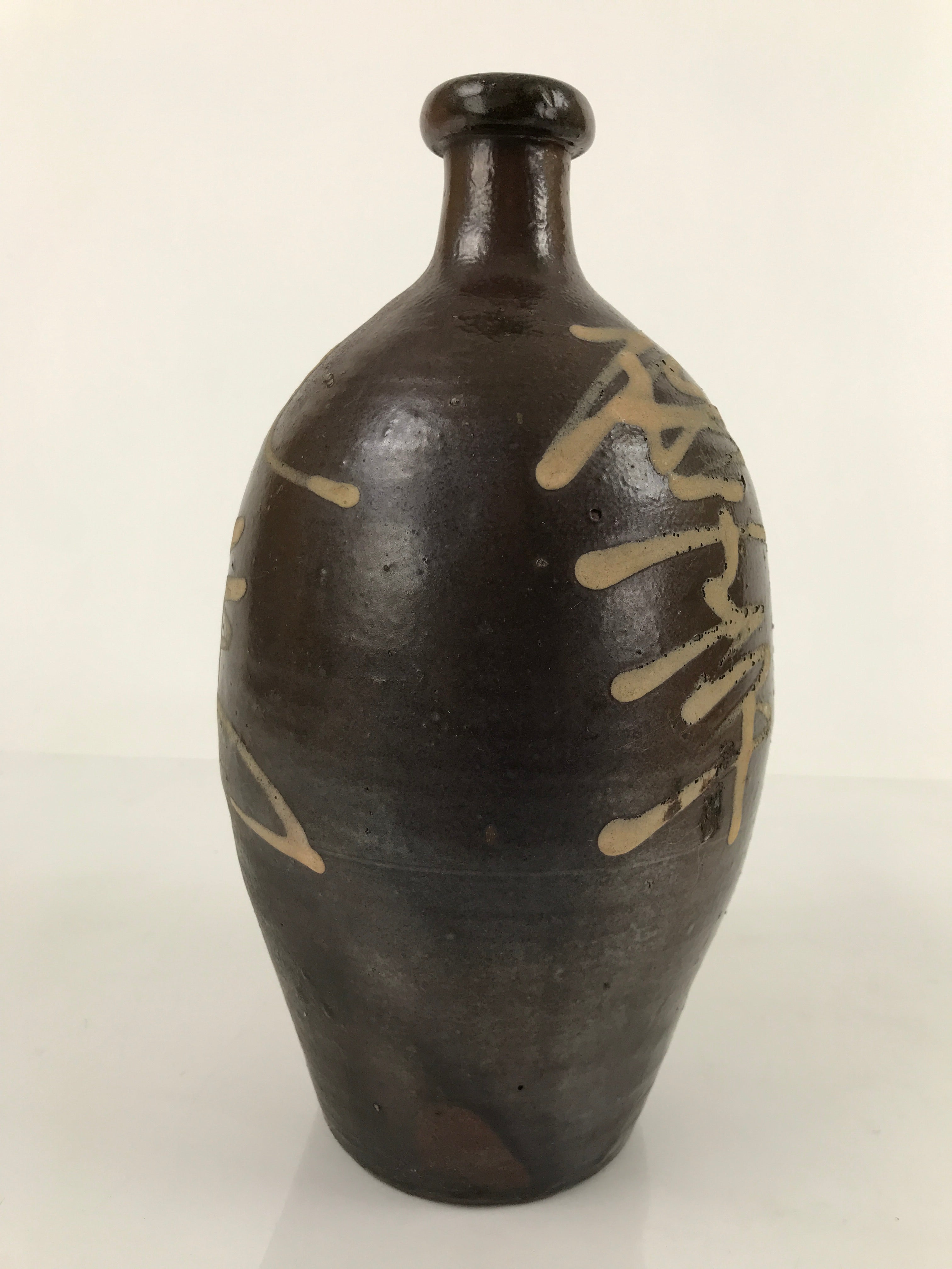 Antique C1900 Japanese Ceramic Sake Bottle Kayoi-Tokkuri White Kanji Brown TS679