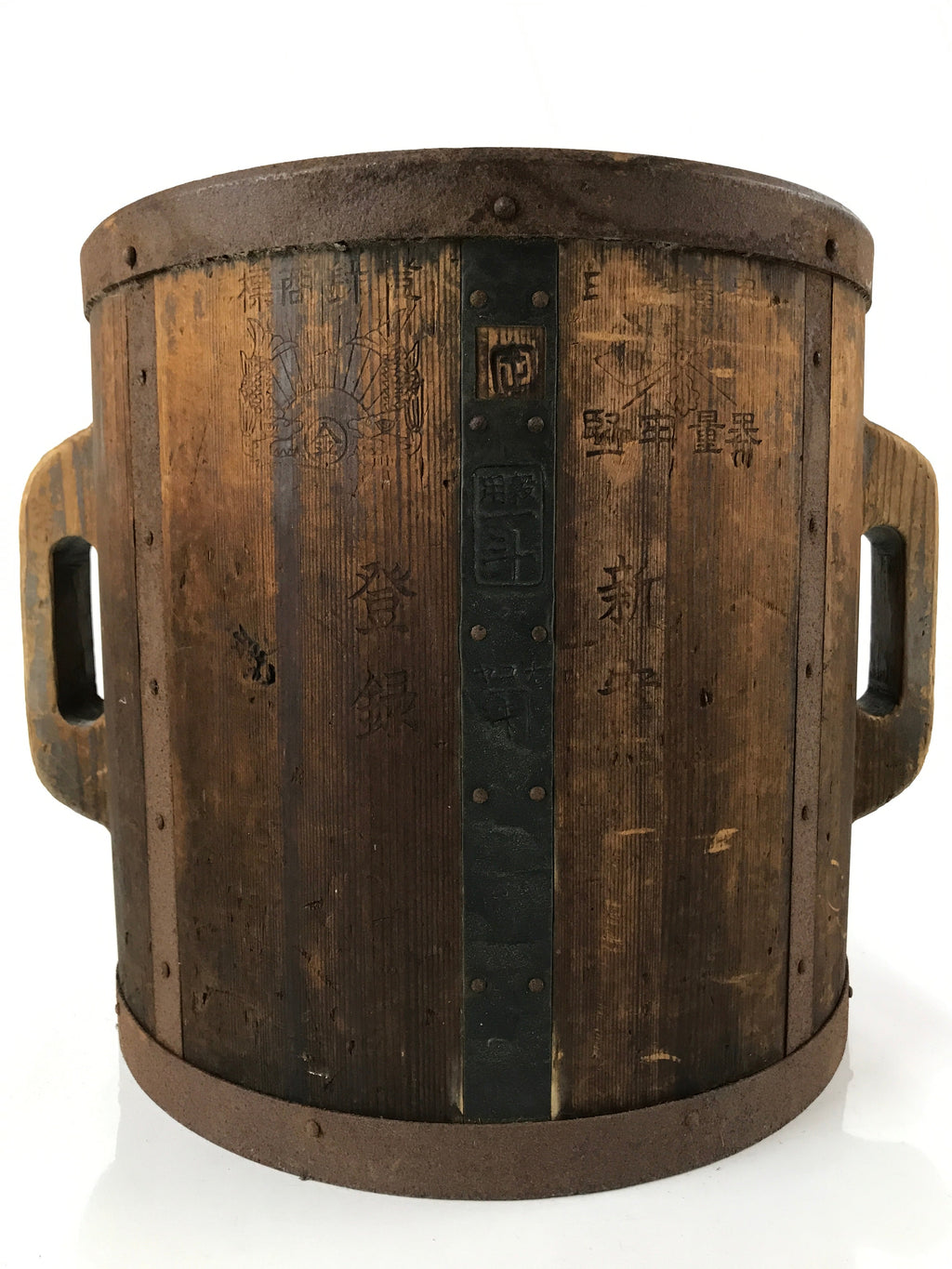 Antique C1900 Japanese Handmade Wood Masu Rice Bucket Tobo Stick Dark Brown BK25