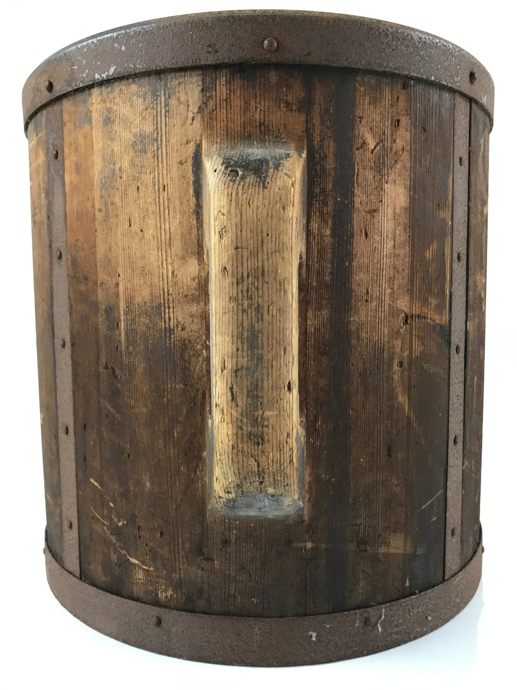 Antique C1900 Japanese Handmade Wood Masu Rice Bucket Tobo Stick Dark Brown BK25
