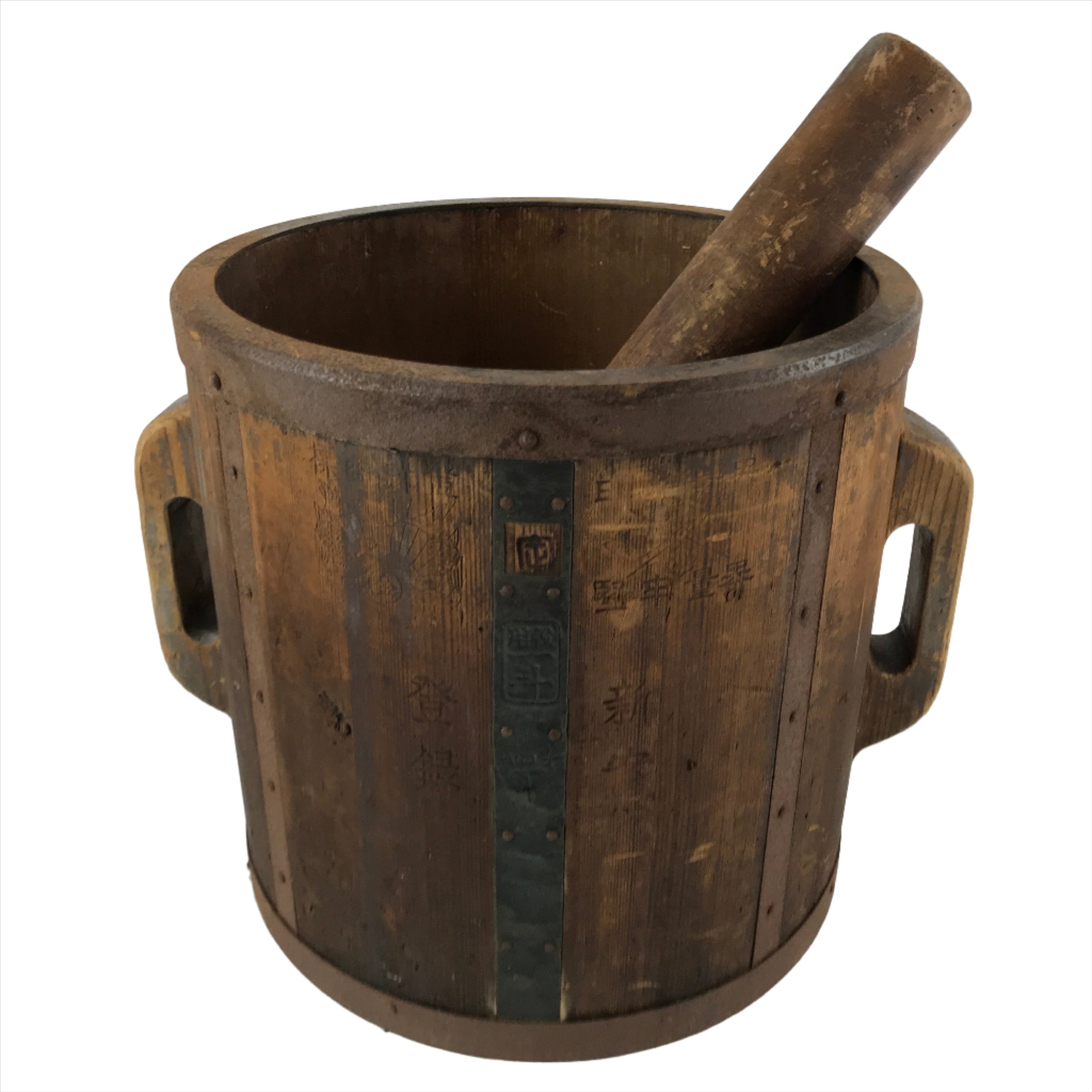 Antique C1900 Japanese Handmade Wood Masu Rice Bucket Tobo Stick Dark Brown BK25