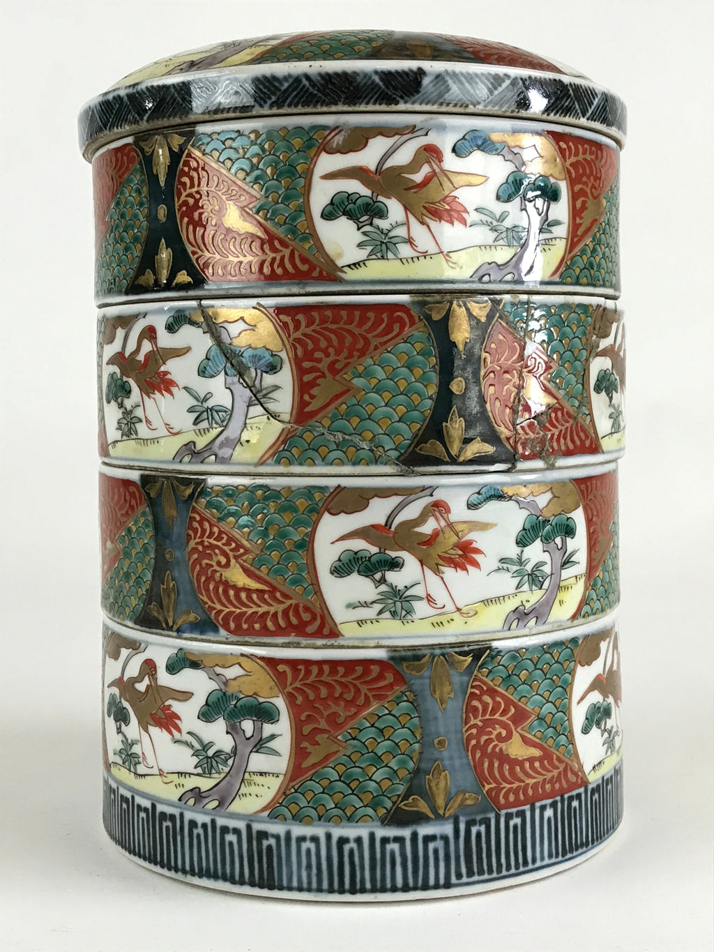 Antique C1900 Japanese Porcelain Lidded 4-tiered Bento Box Jubako Crane PY295