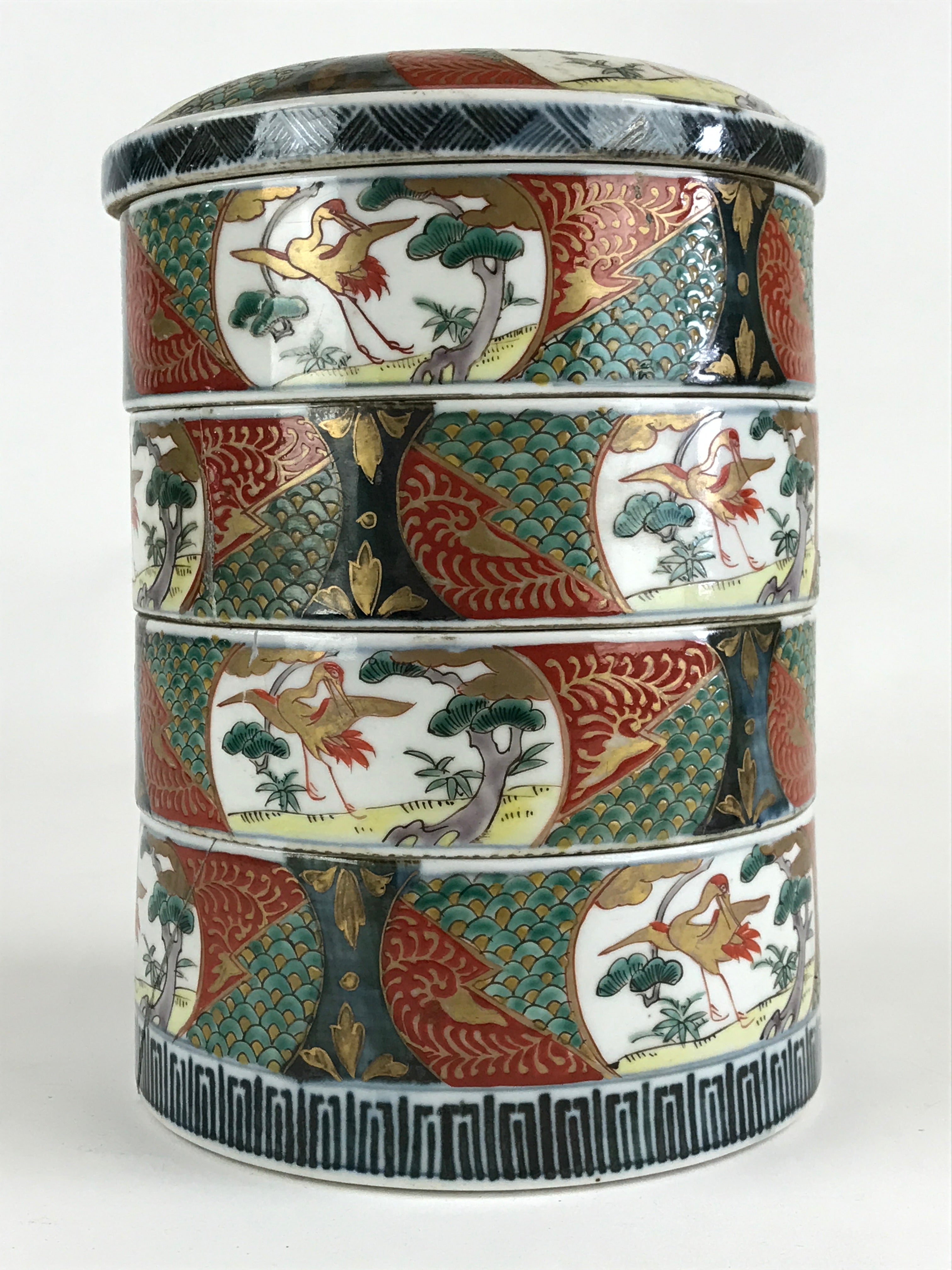 Antique C1900 Japanese Porcelain Lidded 4-tiered Bento Box Jubako Crane PY295