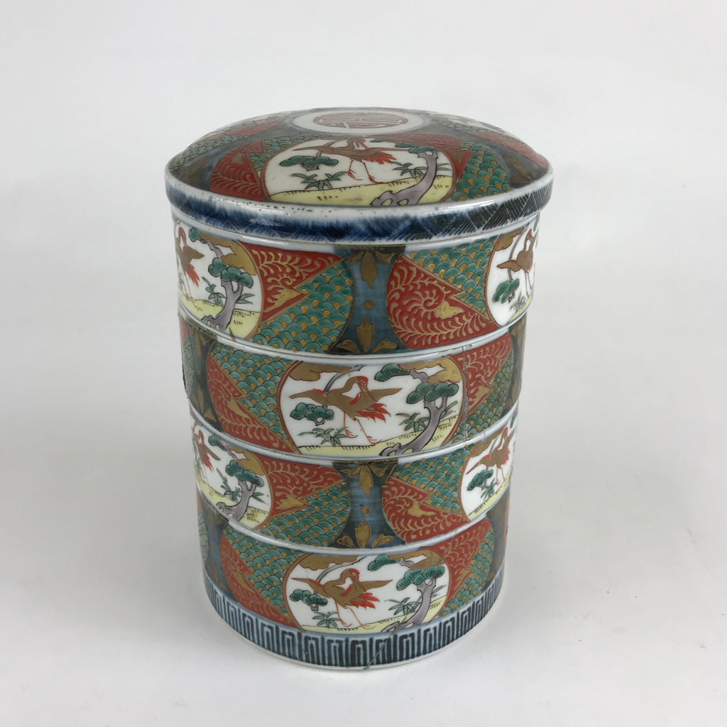 Antique C1900 Japanese Porcelain Lidded 4-tiered Bento Box Jubako Crane PY295