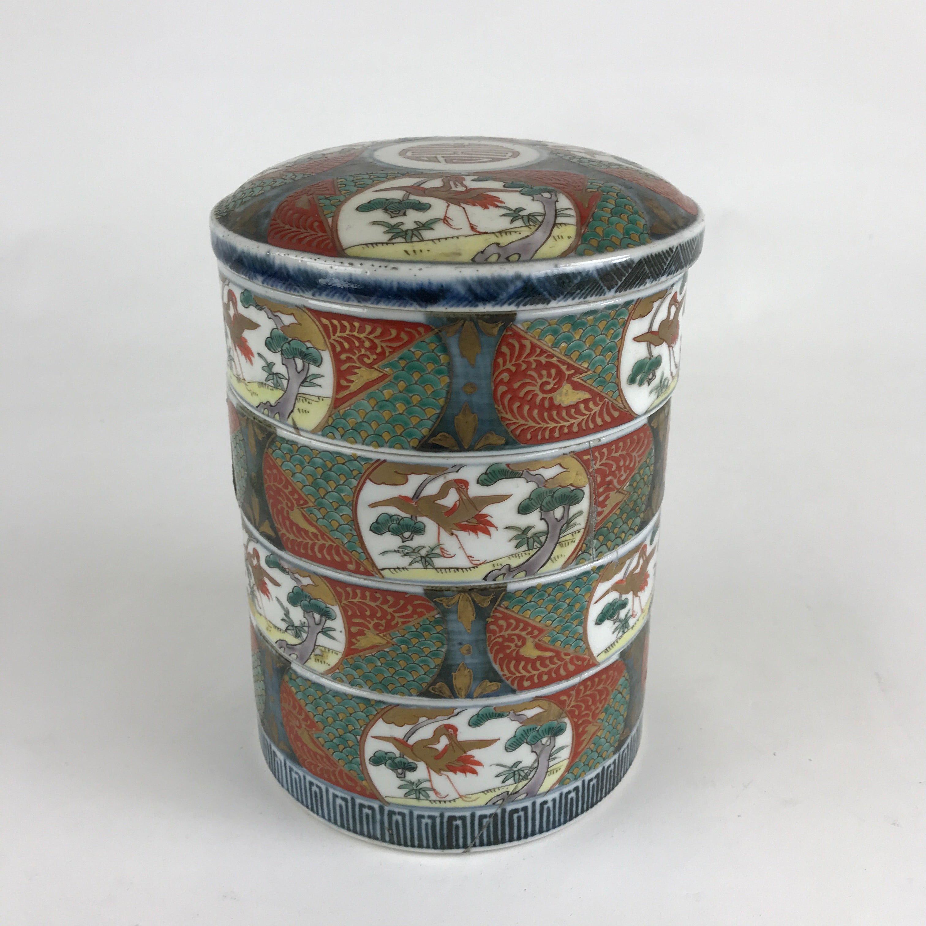 Antique C1900 Japanese Porcelain Lidded 4-tiered Bento Box Jubako Crane PY295