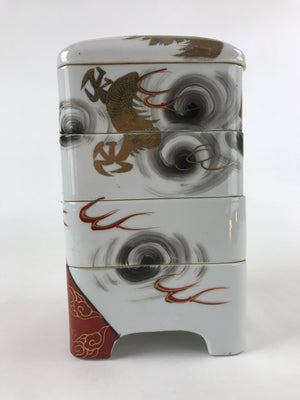 Antique C1900 Japanese Porcelain Lidded 4-tiered Bento Box Jubako Dragon PY561