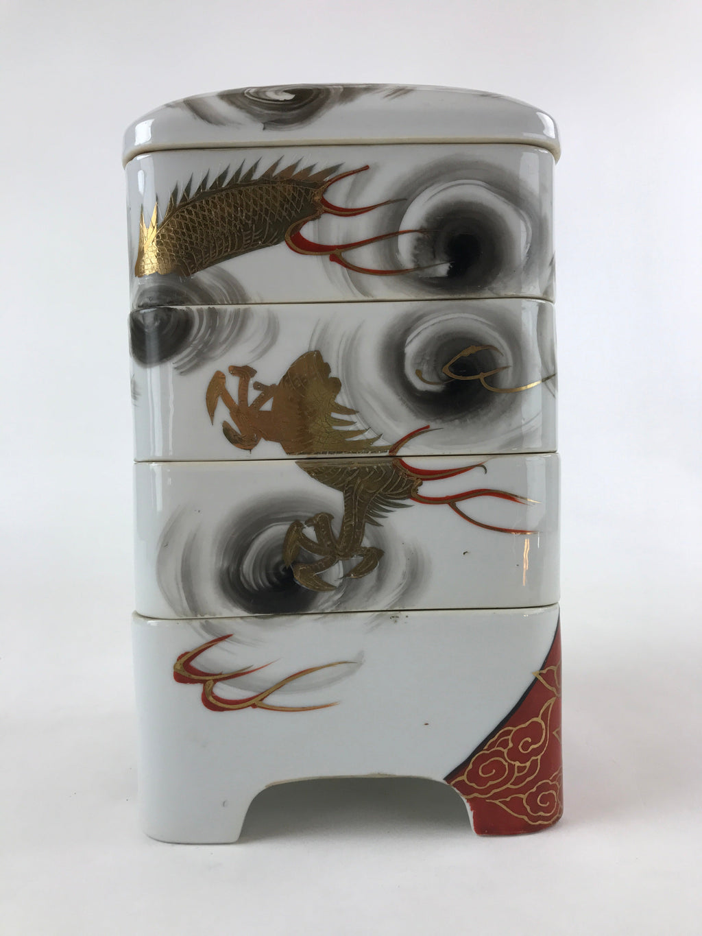 Antique C1900 Japanese Porcelain Lidded 4-tiered Bento Box Jubako Dragon PY561