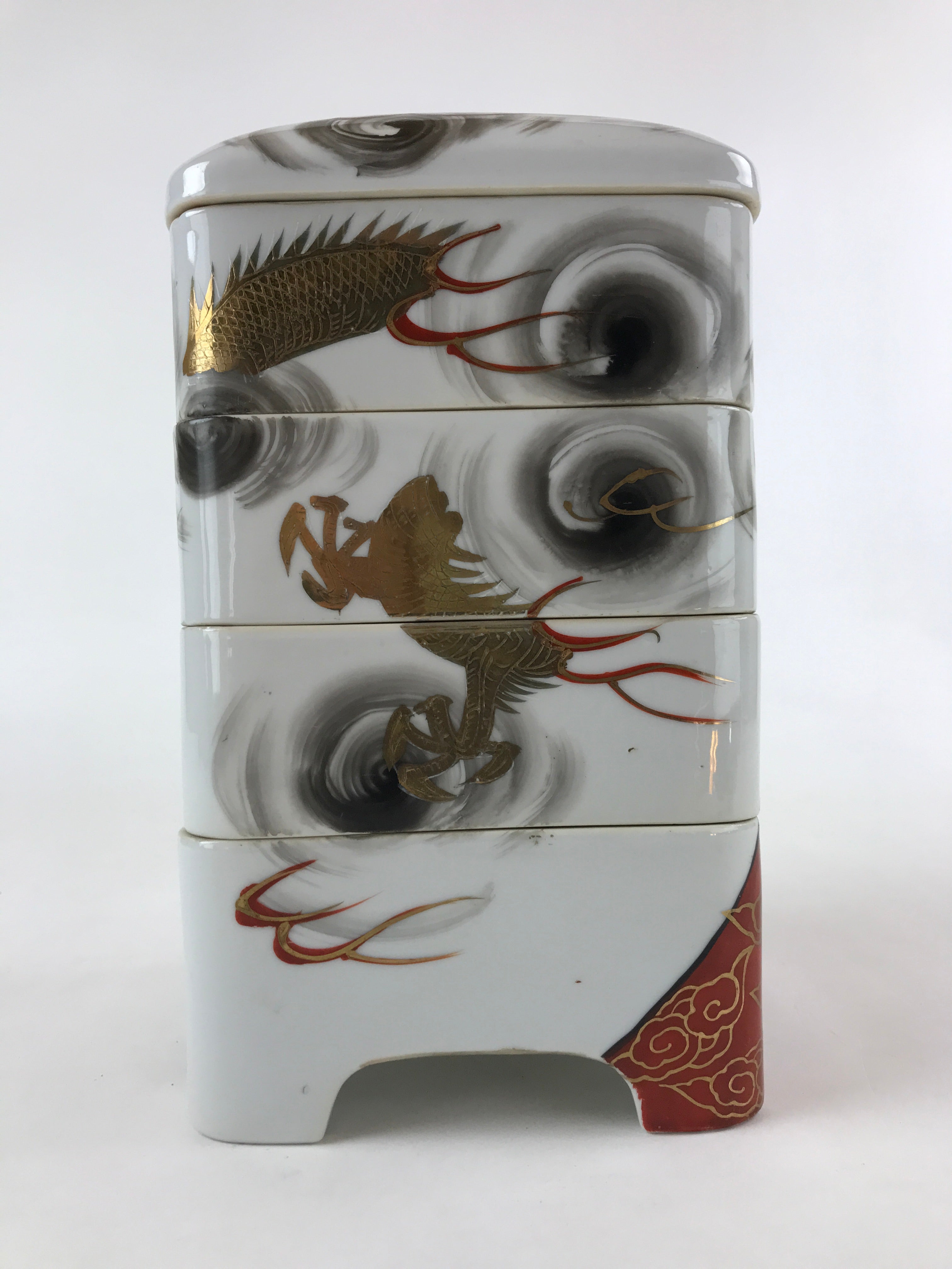 Antique C1900 Japanese Porcelain Lidded 4-tiered Bento Box Jubako Dragon PY561