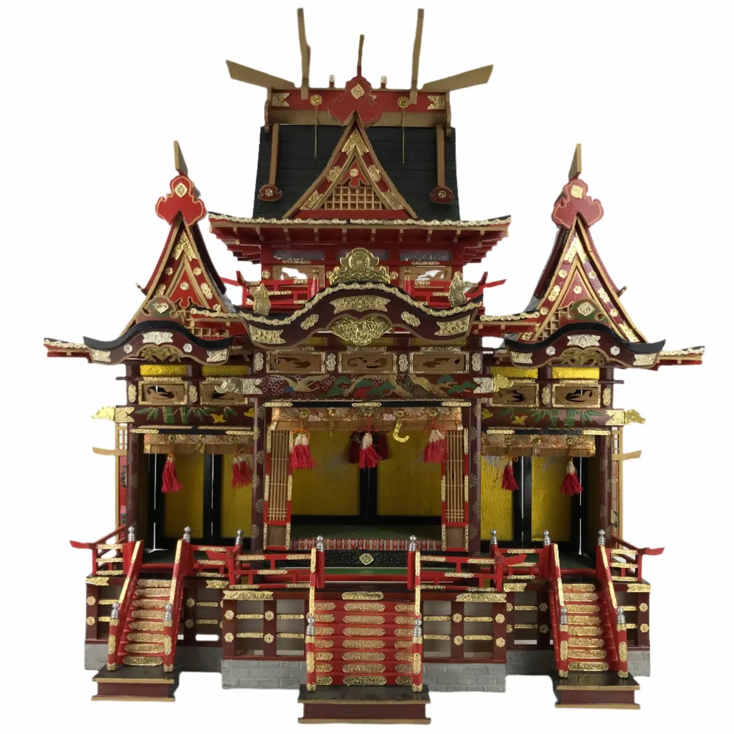 Antique Japanese lacquer wood Hina Doll Goten Palace for Girls' Day (Hinamatsuri), c. 1900, with intricate architectural details and traditional red, black, and gold decoration.