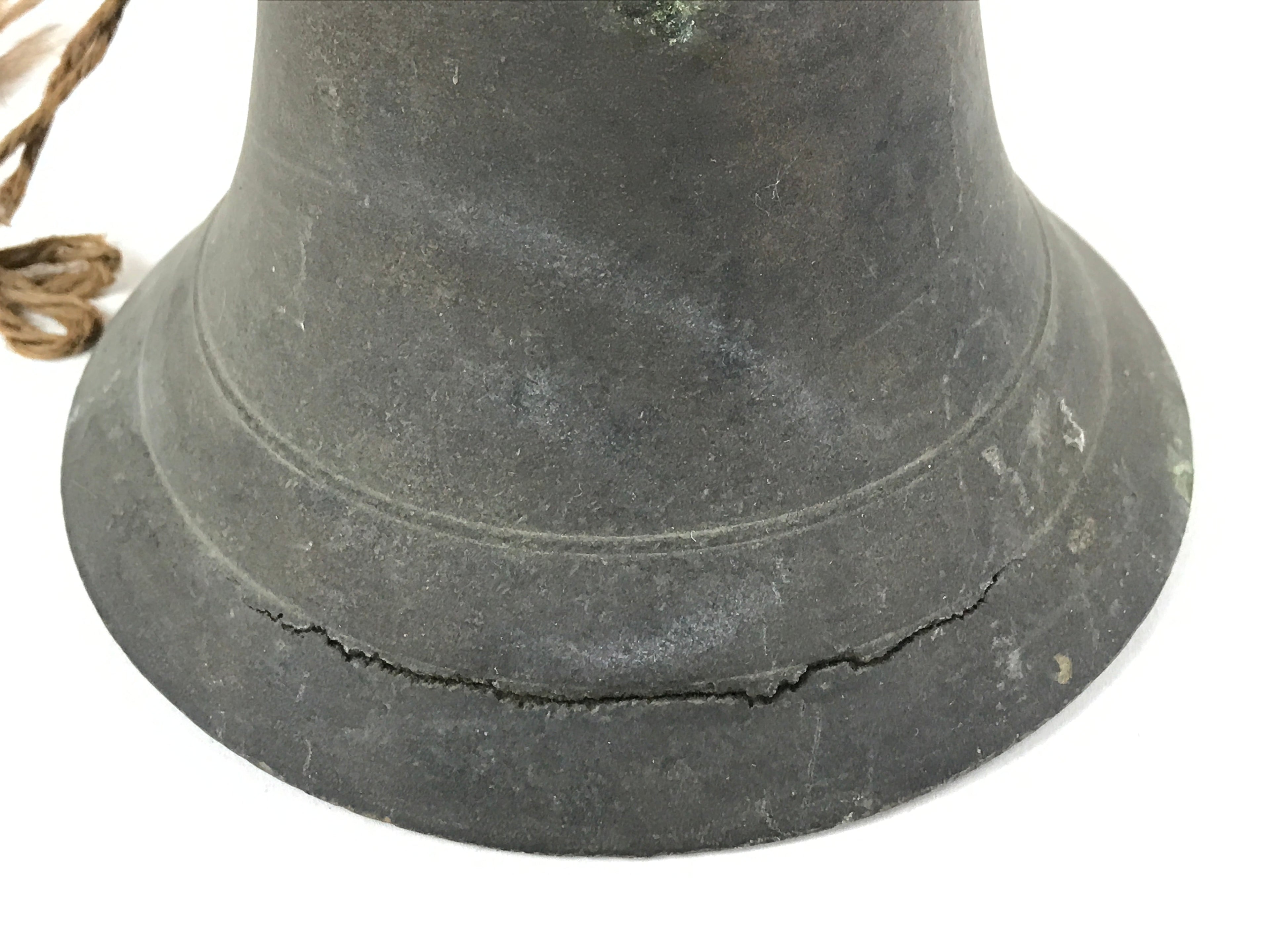 Antique Japanese Bronze Hand Bell Large Brown Wood Handle Attached String T111
