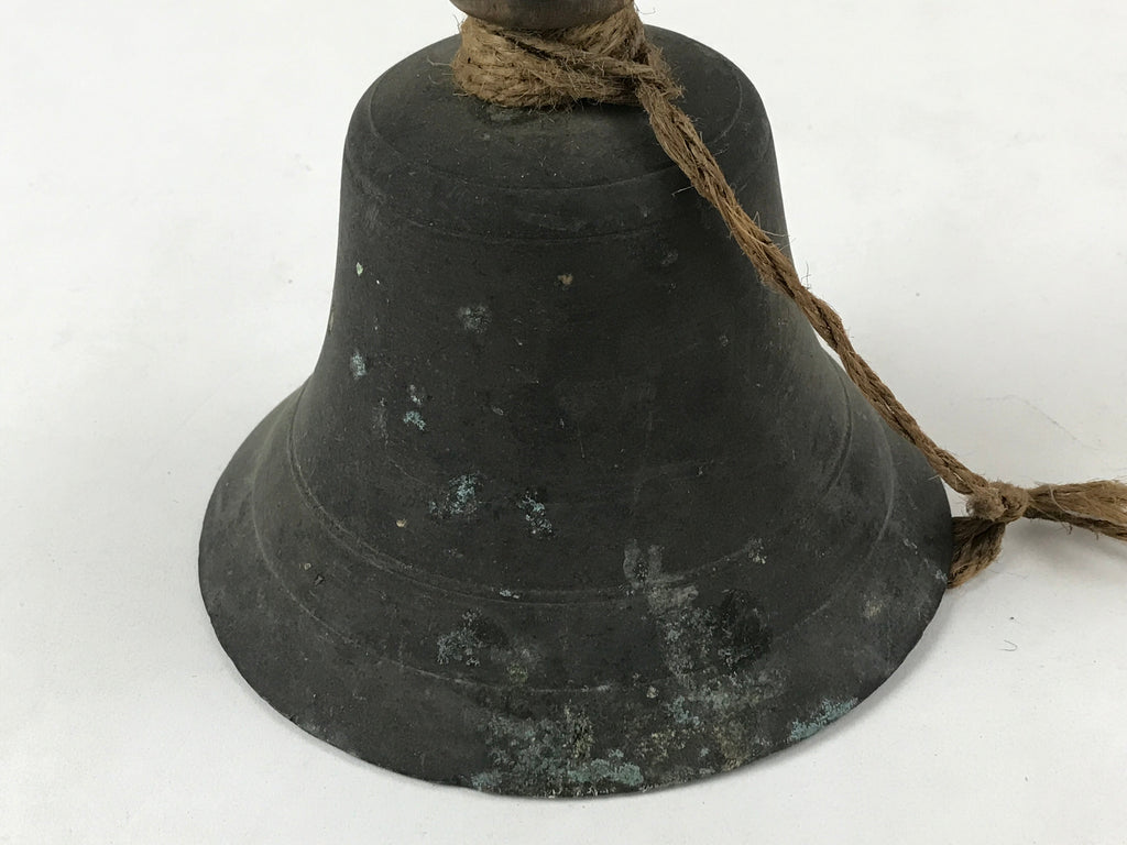 Antique Japanese Bronze Hand Bell Large Brown Wood Handle Attached String T111