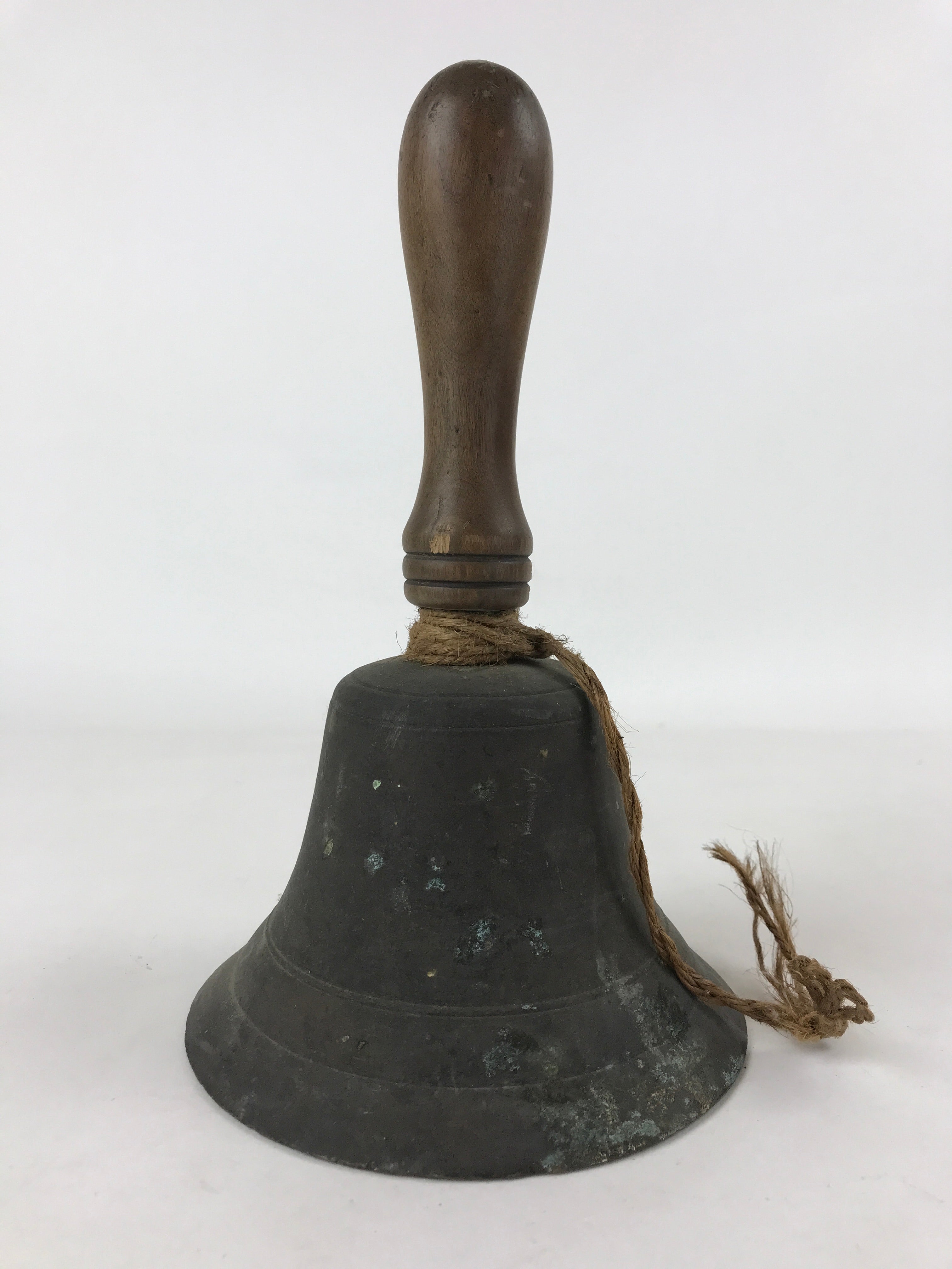 Antique Japanese Bronze Hand Bell Large Brown Wood Handle Attached String T111