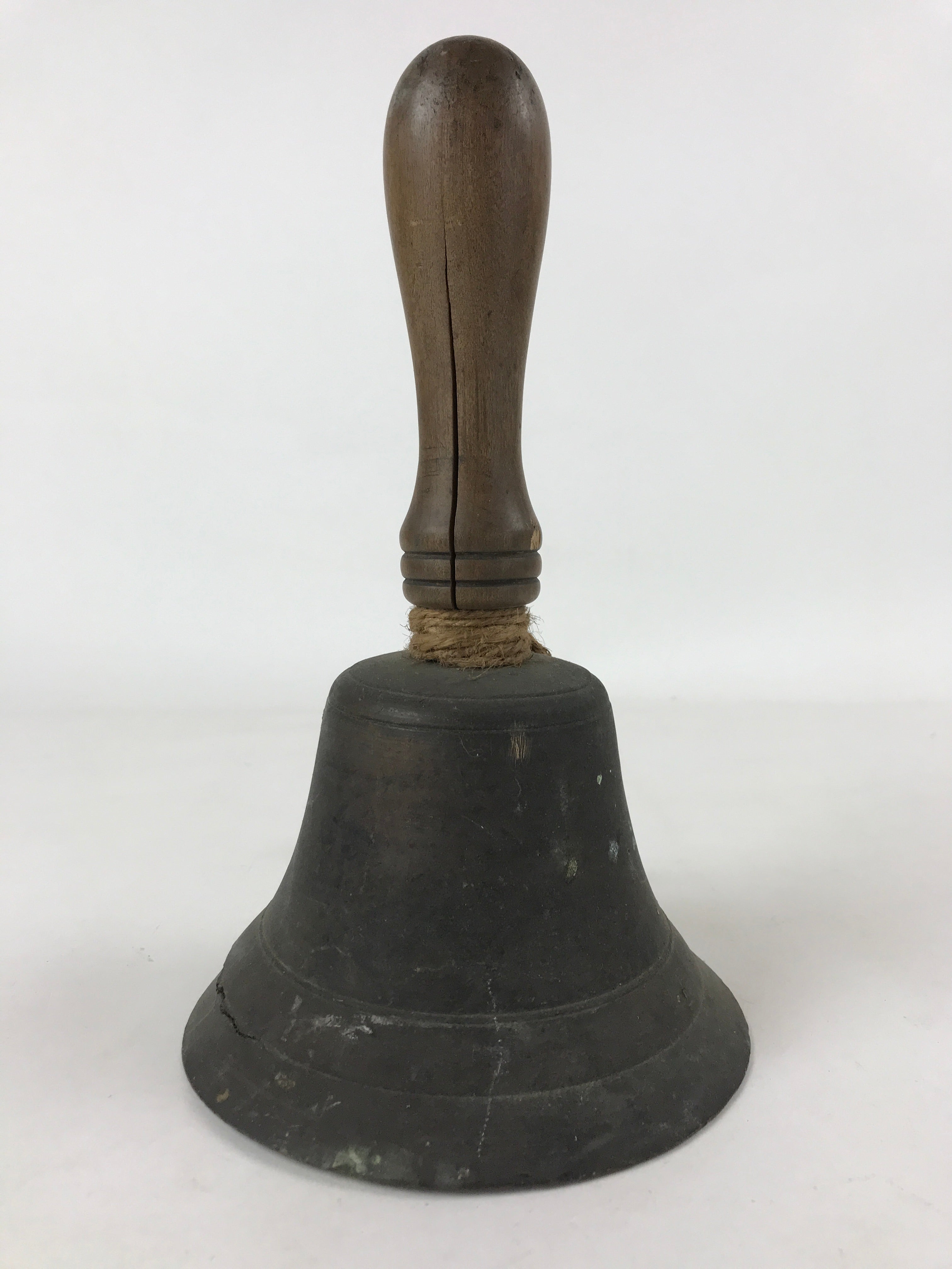 Antique Japanese Bronze Hand Bell Large Brown Wood Handle Attached String T111