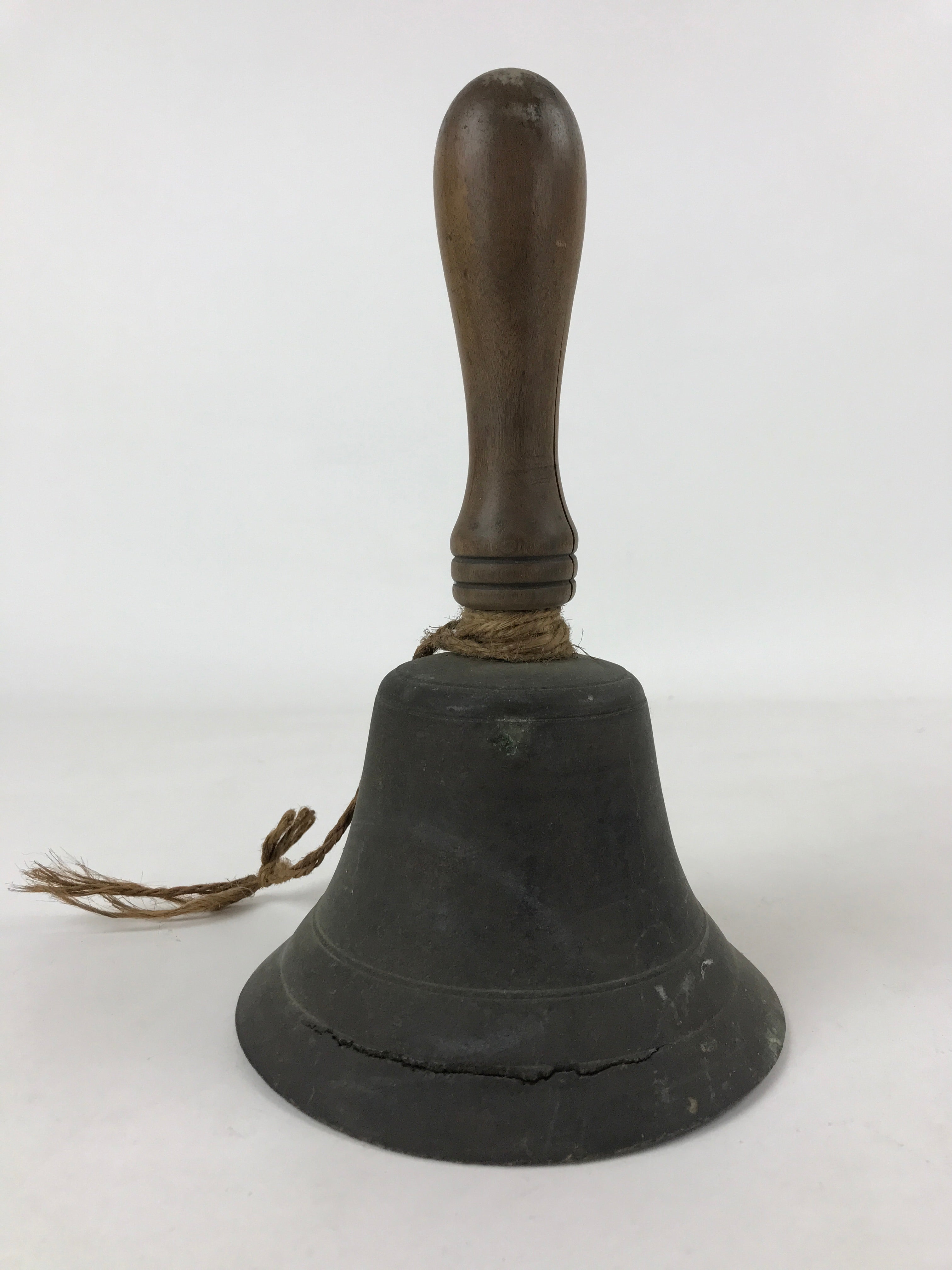 Antique Japanese Bronze Hand Bell Large Brown Wood Handle Attached String T111