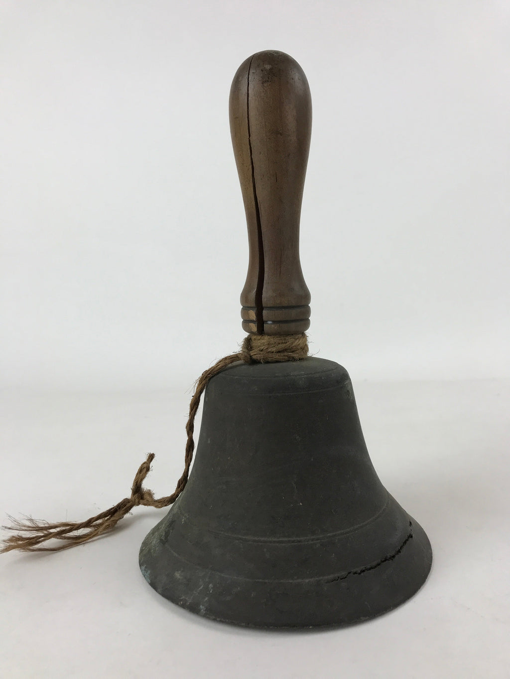 Antique Japanese Bronze Hand Bell Large Brown Wood Handle Attached String T111