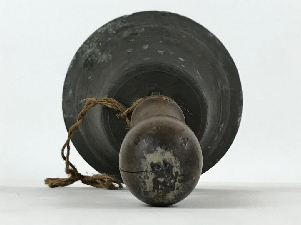 Antique Japanese Bronze Hand Bell Large Brown Wood Handle Attached String T111