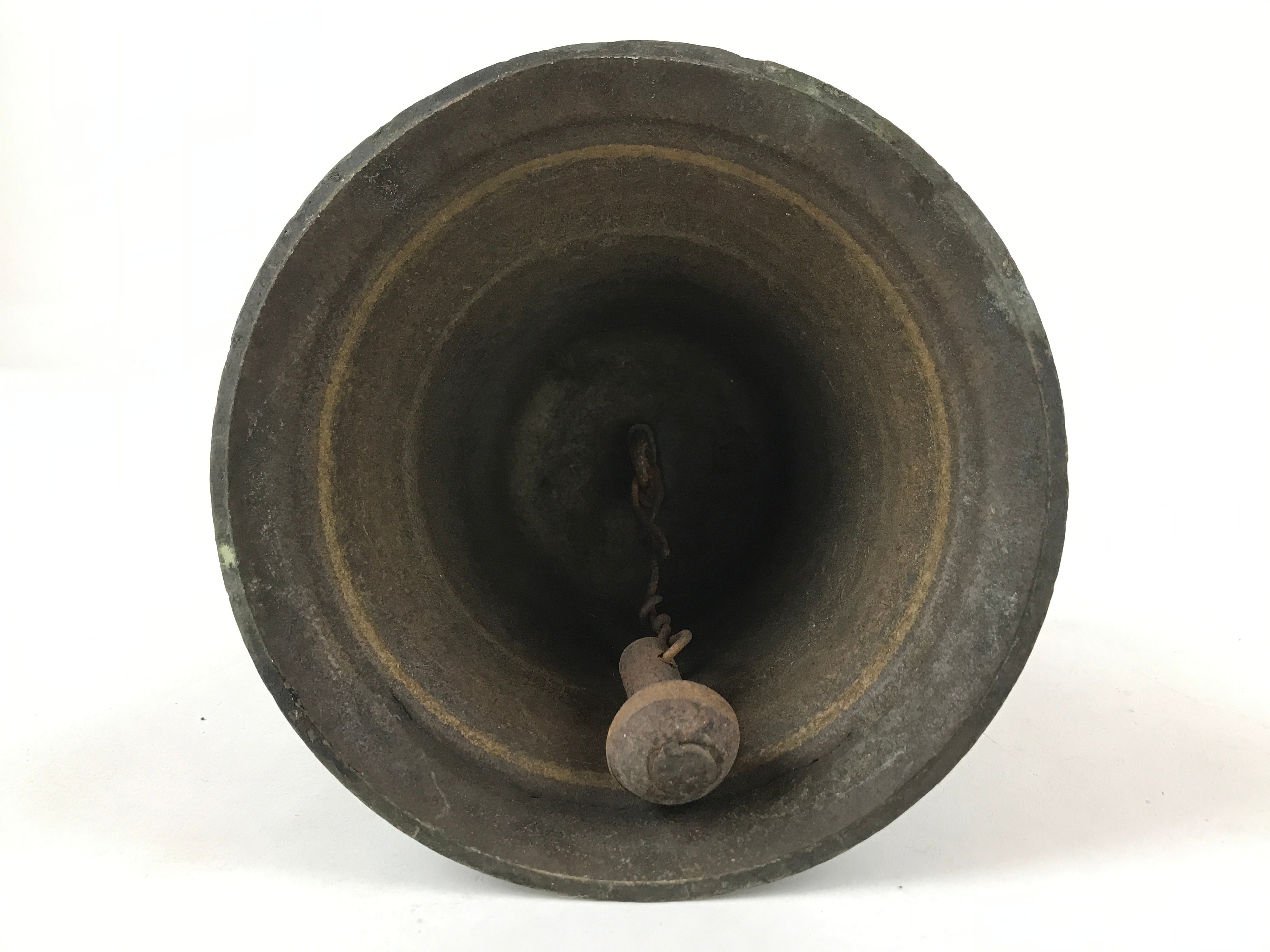 Antique Japanese Bronze Hand Bell Large Brown Wood Handle Attached String T111