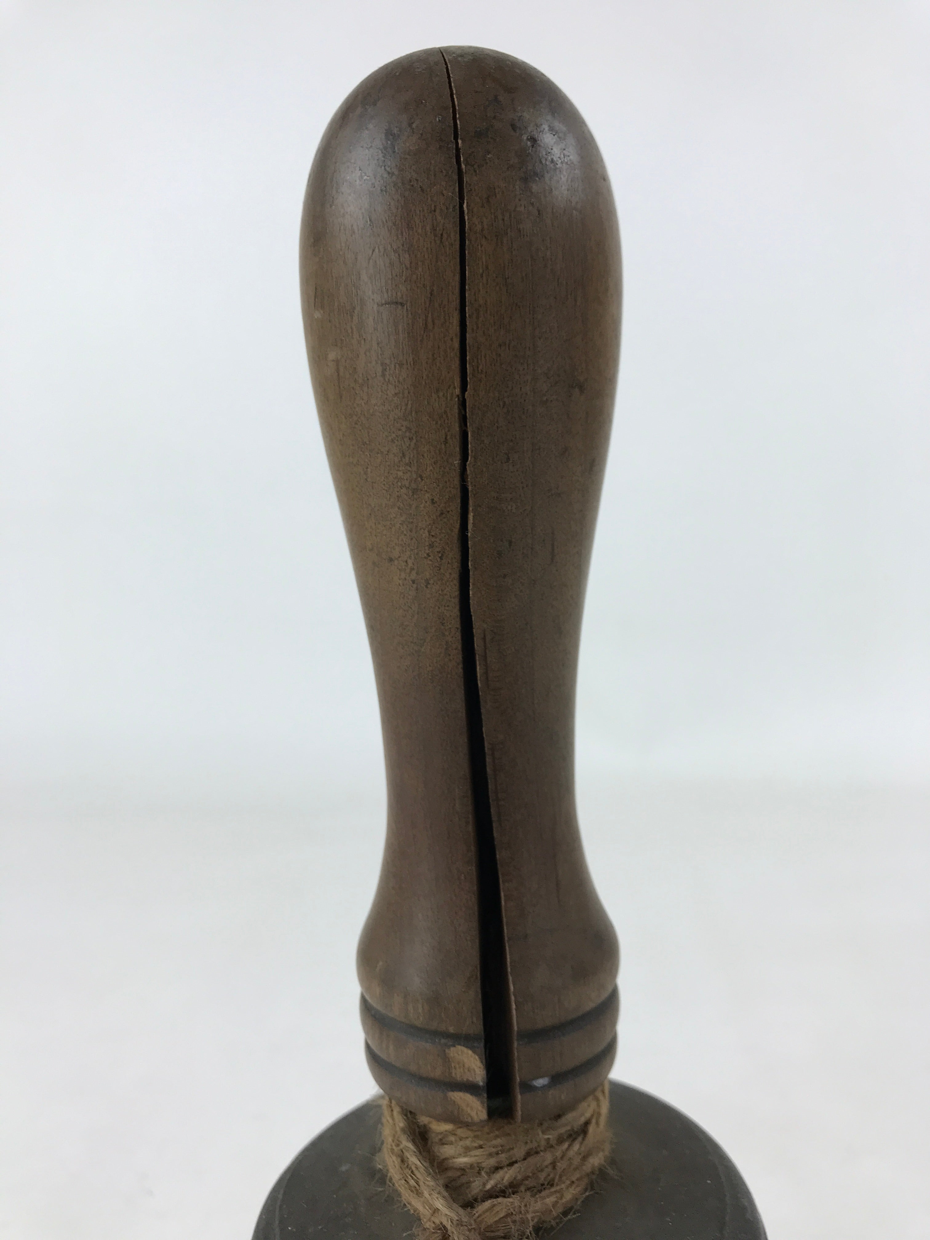 Antique Japanese Bronze Hand Bell Large Brown Wood Handle Attached String T111