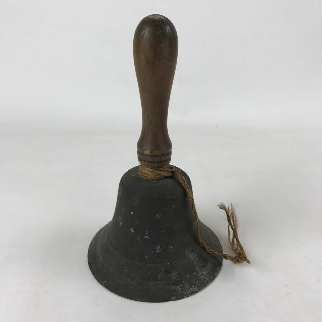 Antique Japanese Bronze Hand Bell Large Brown Wood Handle Attached String T111