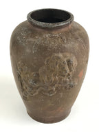 Antique Japanese Bronze Sculpture Flower Vase Kabin Vtg Shishi Lion Brown FK43