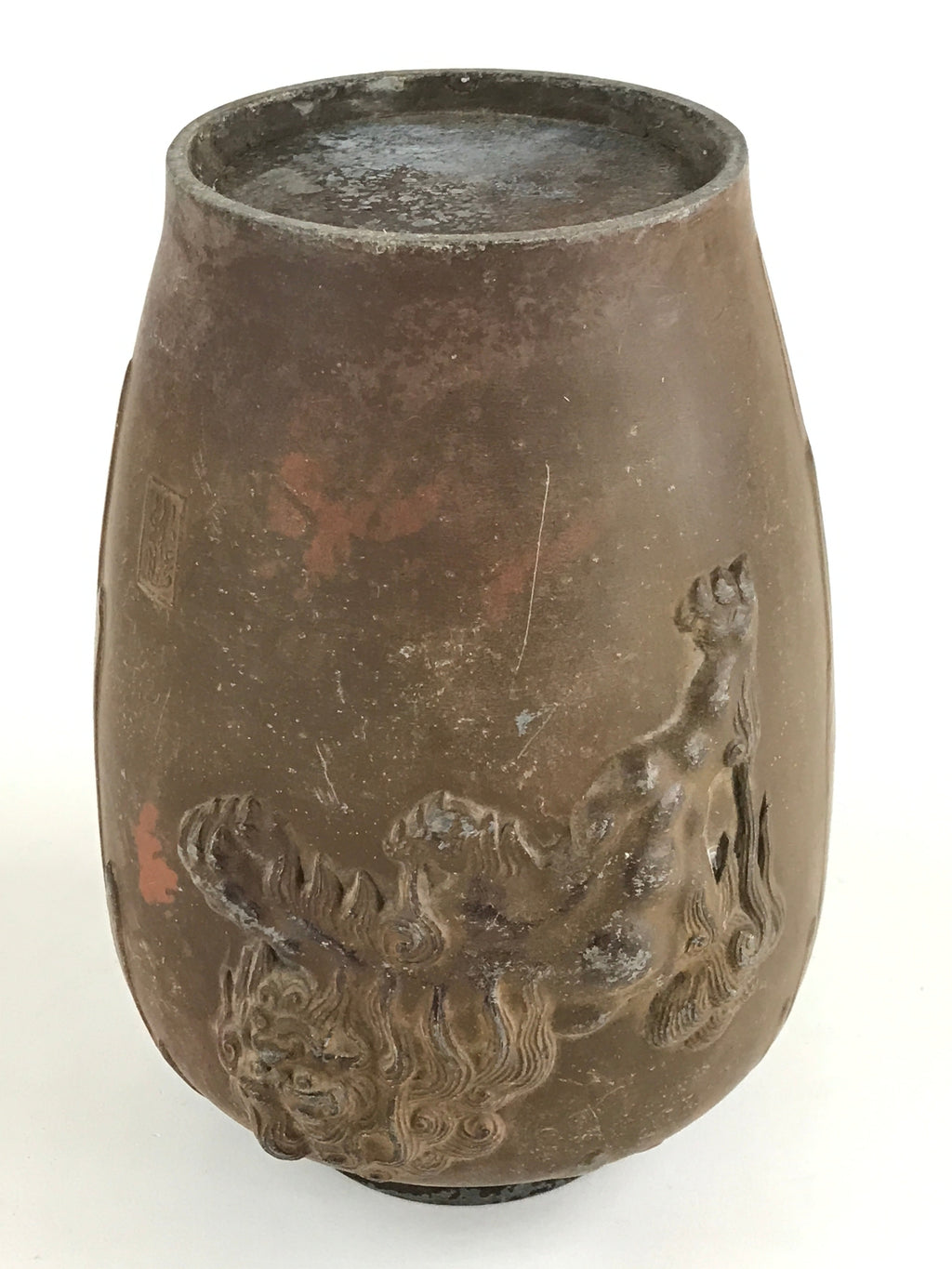 Antique Japanese Bronze Sculpture Flower Vase Kabin Vtg Shishi Lion Brown FK43