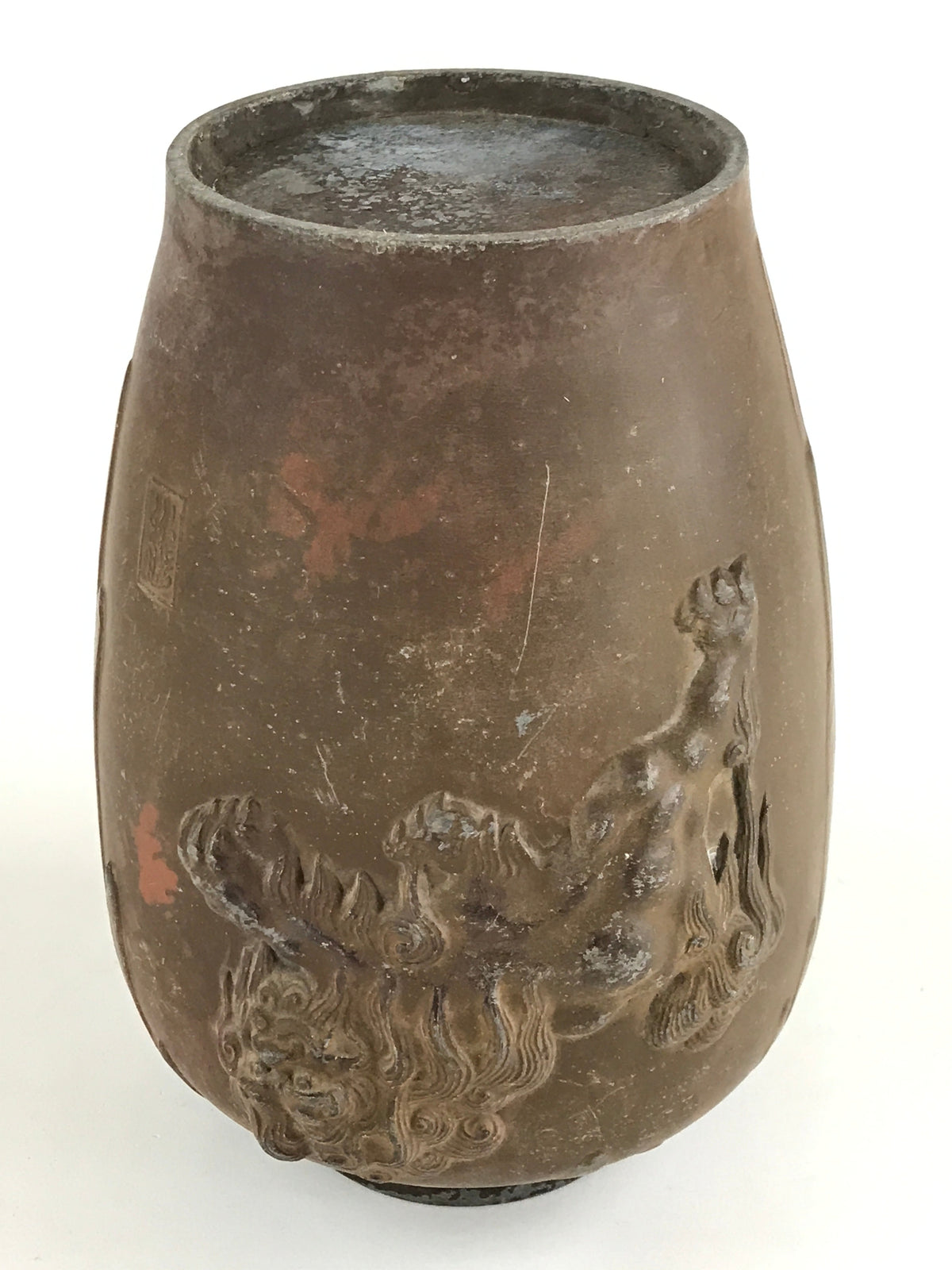 Antique Japanese Bronze Sculpture Flower Vase Kabin Vtg Shishi Lion Brown FK43