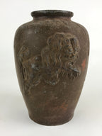 Antique Japanese Bronze Sculpture Flower Vase Kabin Vtg Shishi Lion Brown FK43