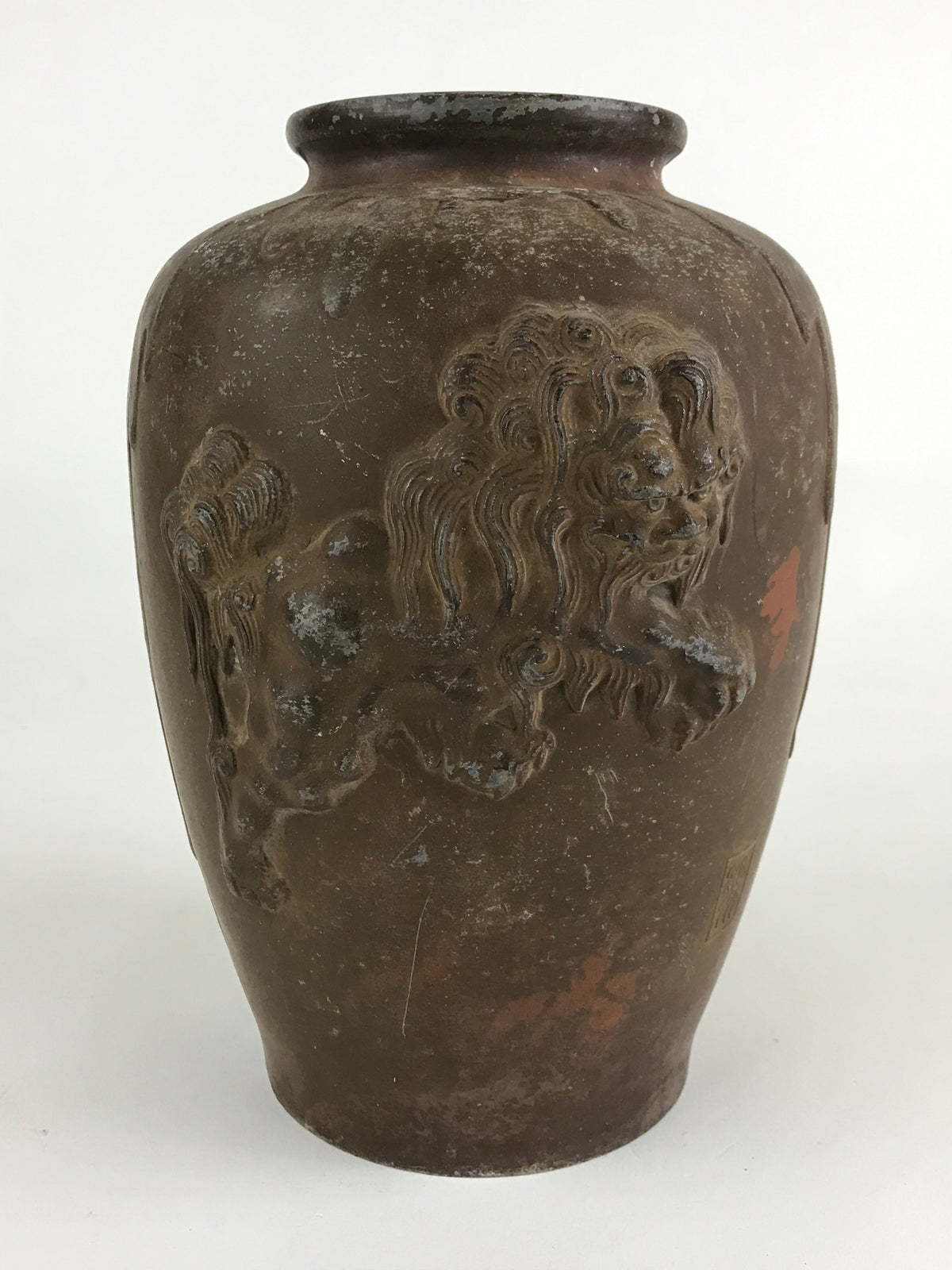 Antique Japanese Bronze Sculpture Flower Vase Kabin Vtg Shishi Lion Brown FK43