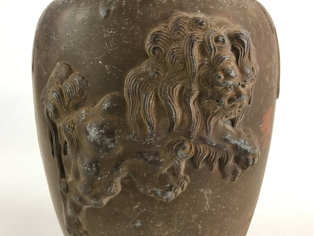 Antique Japanese Bronze Sculpture Flower Vase Kabin Vtg Shishi Lion Brown FK43
