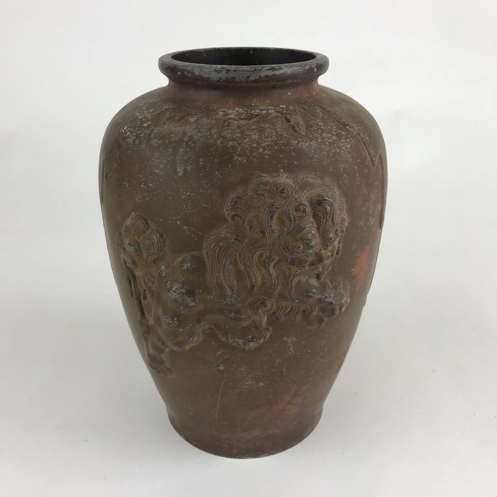 Antique Japanese Bronze Sculpture Flower Vase Kabin Vtg Shishi Lion Brown FK43