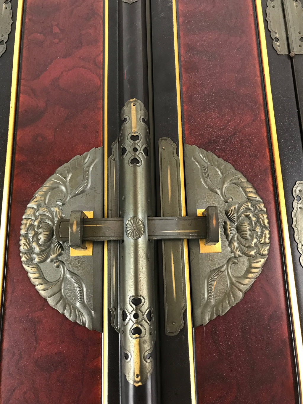 Antique Japanese Buddhist Altar Door 2 piece set Iron Lock Purple Gold Black BA2