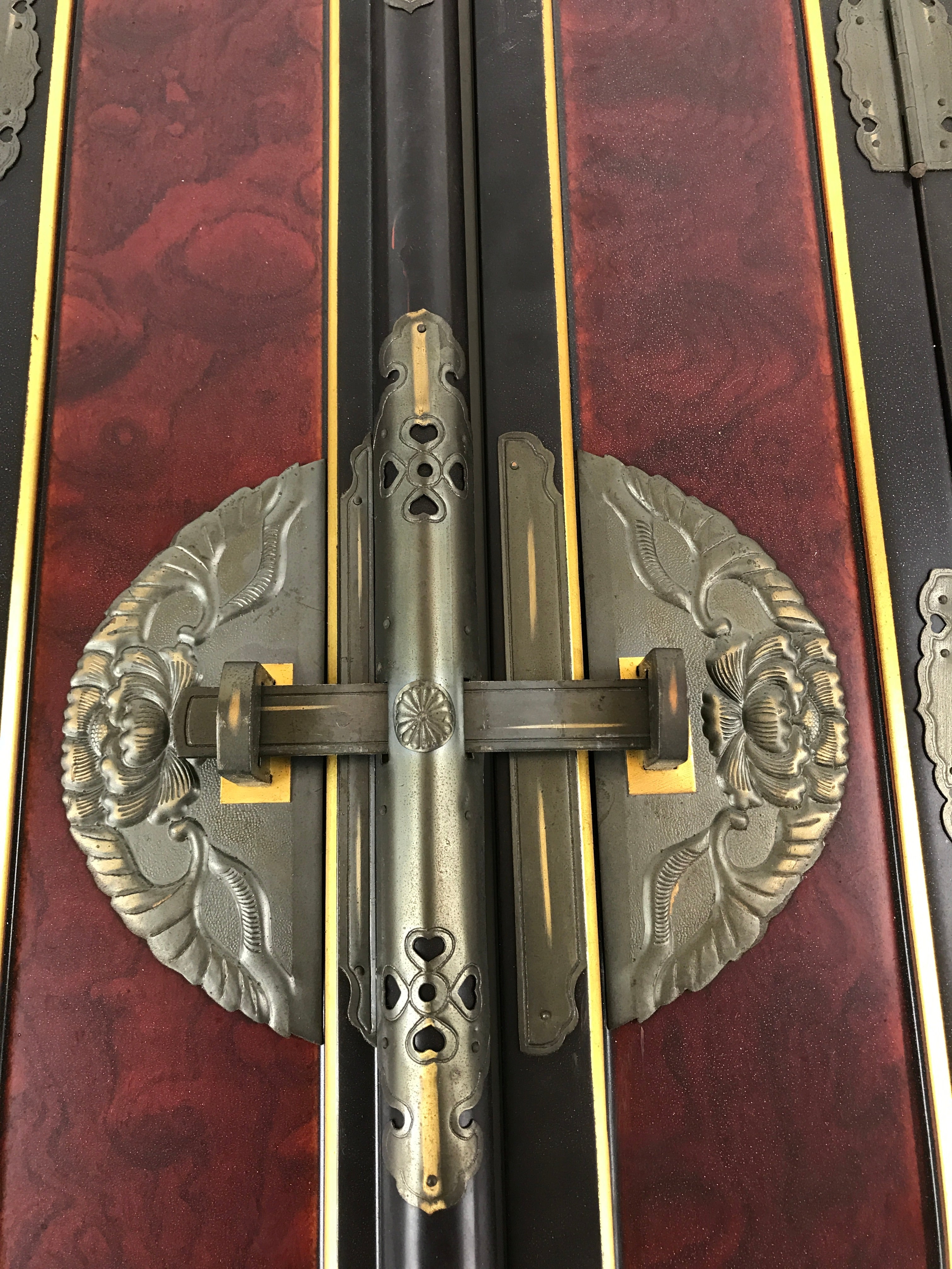 Antique Japanese Buddhist Altar Door 2 piece set Iron Lock Purple Gold Black BA2