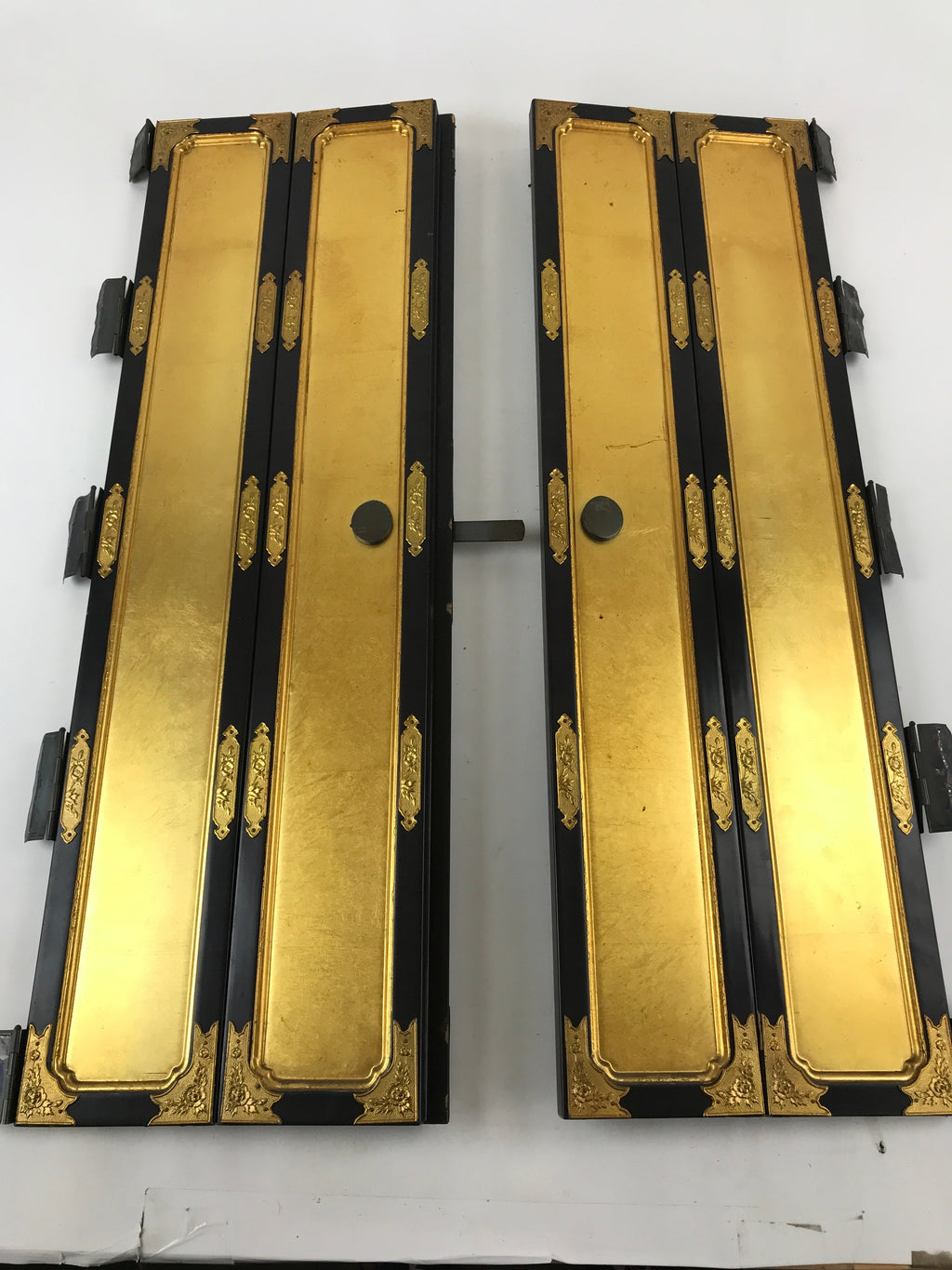 Antique Japanese Buddhist Altar Door 2 piece set Iron Lock Purple Gold Black BA2