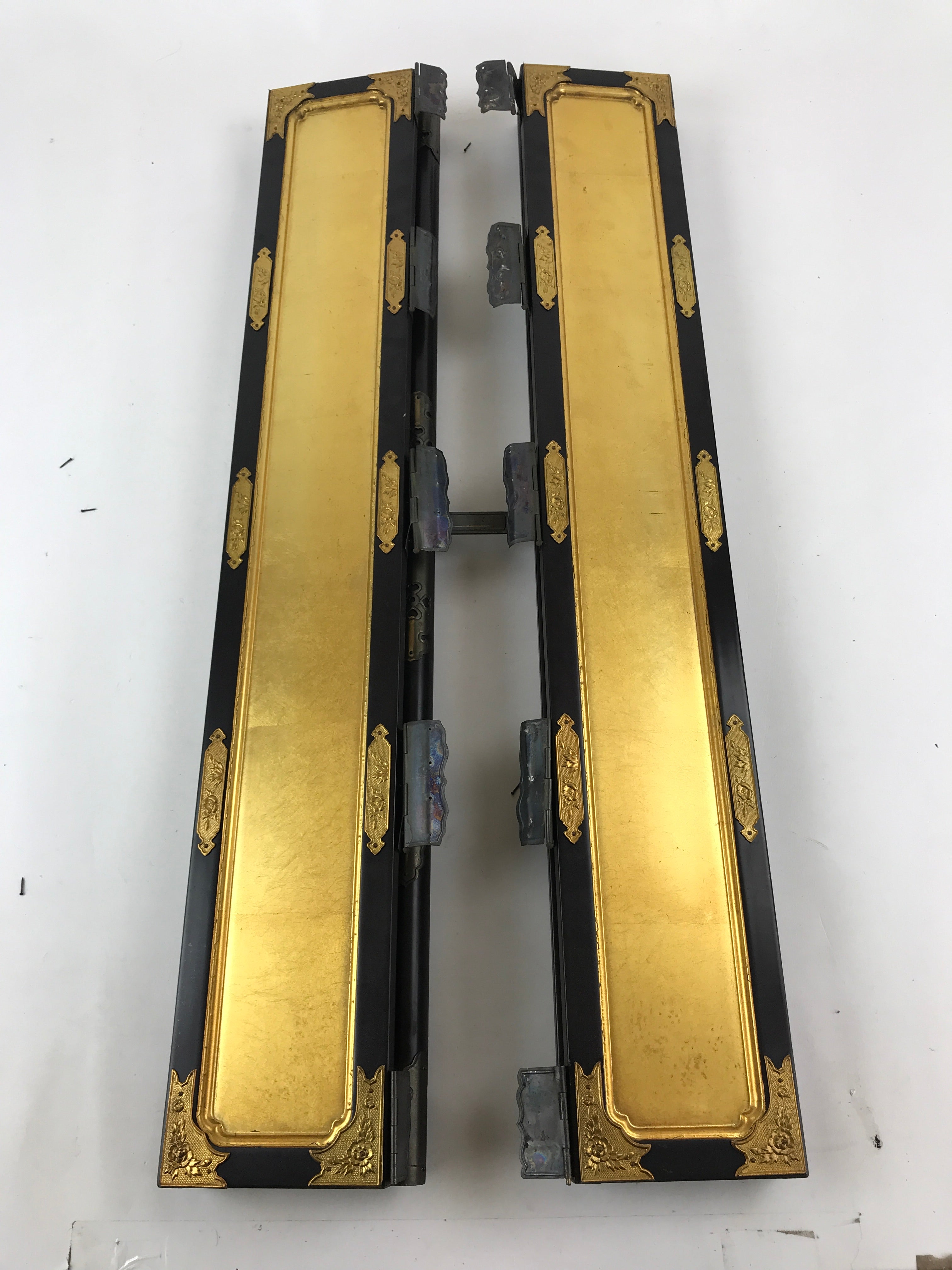 Antique Japanese Buddhist Altar Door 2 piece set Iron Lock Purple Gold Black BA2