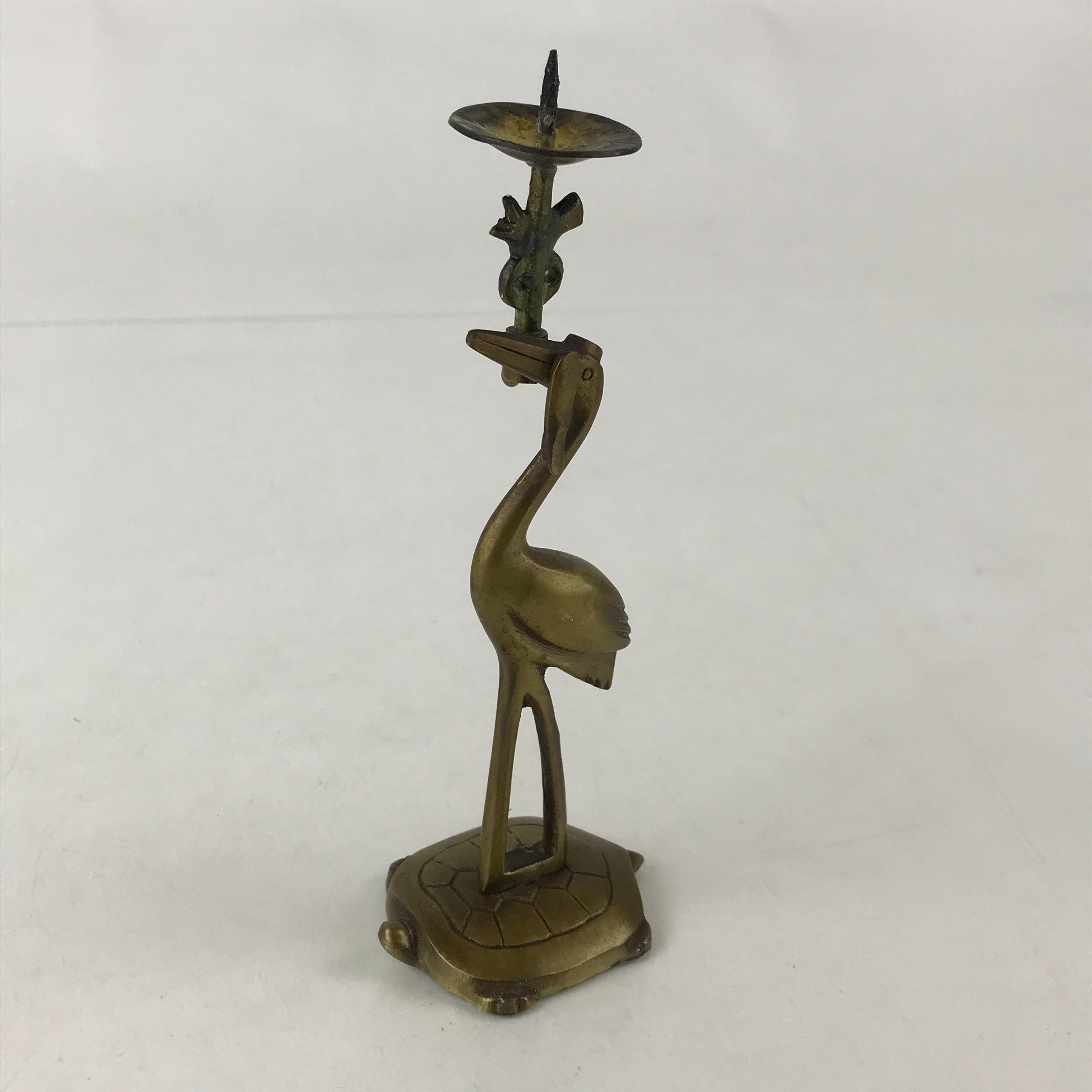 Antique Japanese Buddhist Altar Fitting Brass Candle Stand Crane Turtle Shokudai