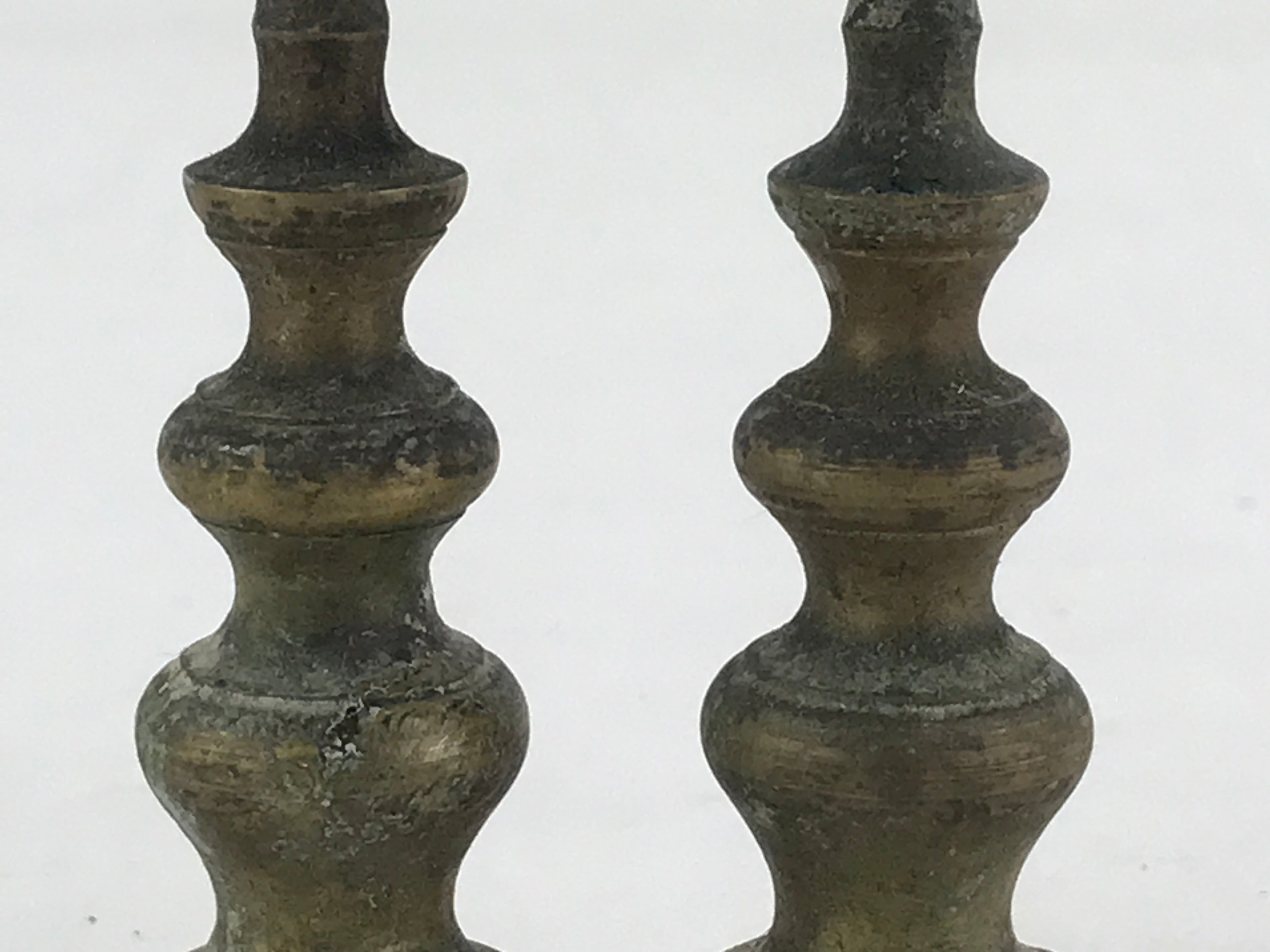 Antique Japanese Buddhist Altar Fitting Bronze Candle Stand Shokudai 2pc BA66