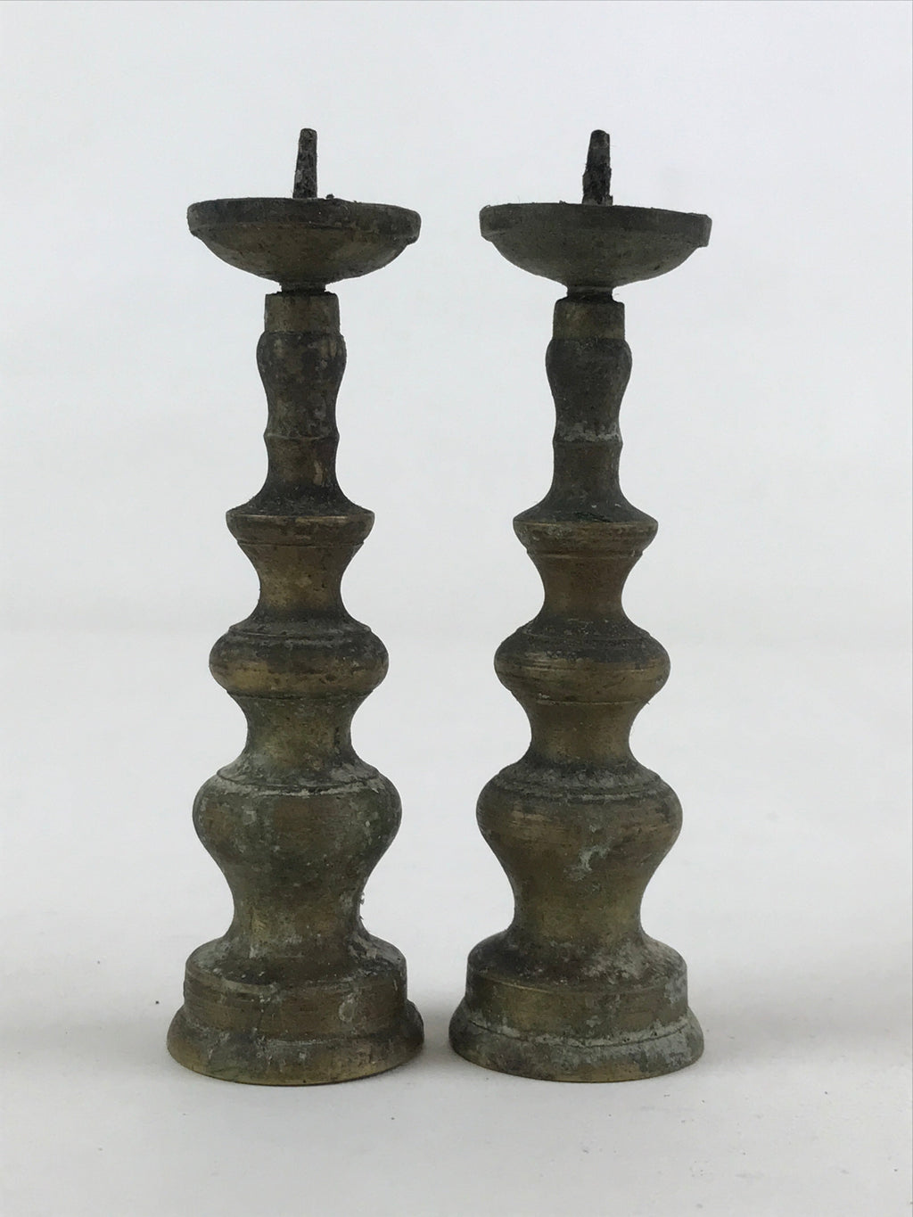 Antique Japanese Buddhist Altar Fitting Bronze Candle Stand Shokudai 2pc BA66