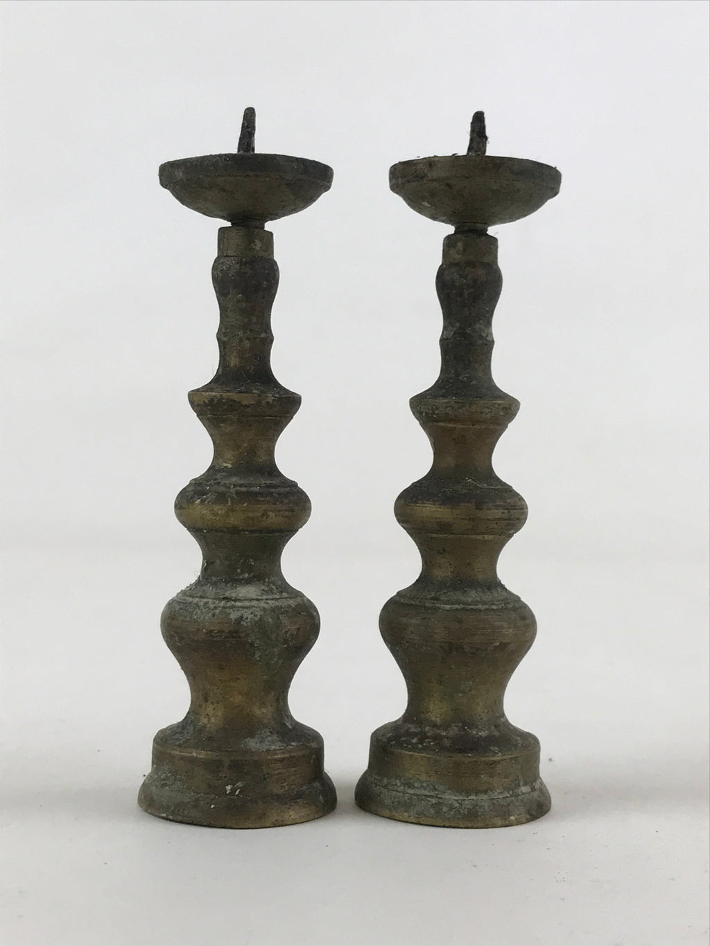 Antique Japanese Buddhist Altar Fitting Bronze Candle Stand Shokudai 2pc BA66