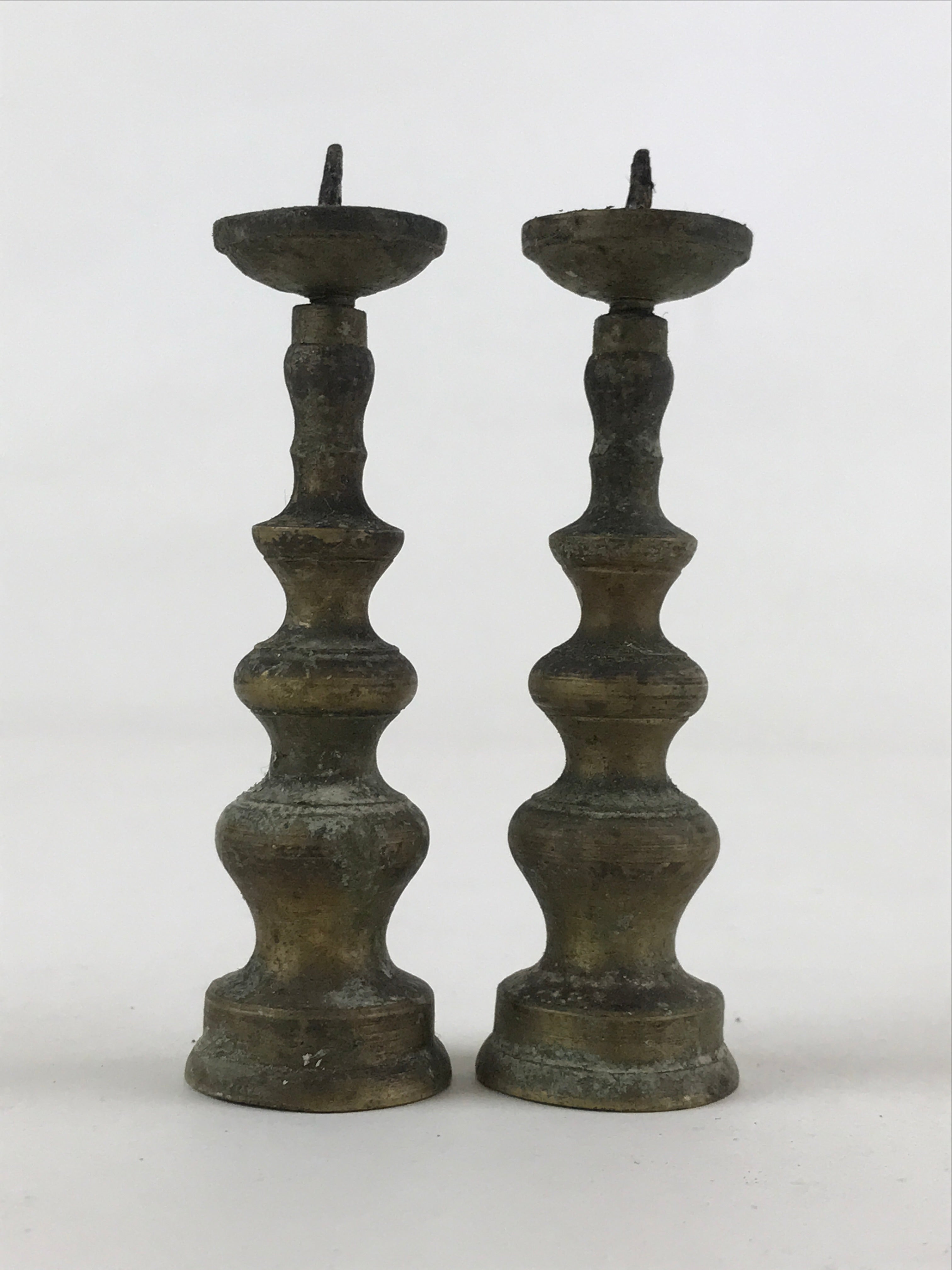 Antique Japanese Buddhist Altar Fitting Bronze Candle Stand Shokudai 2pc BA66