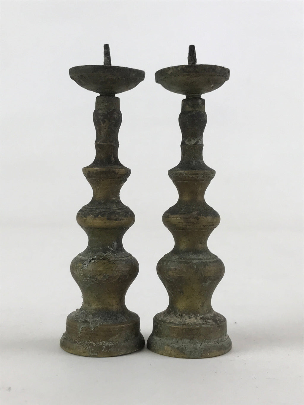 Antique Japanese Buddhist Altar Fitting Bronze Candle Stand Shokudai 2pc BA66