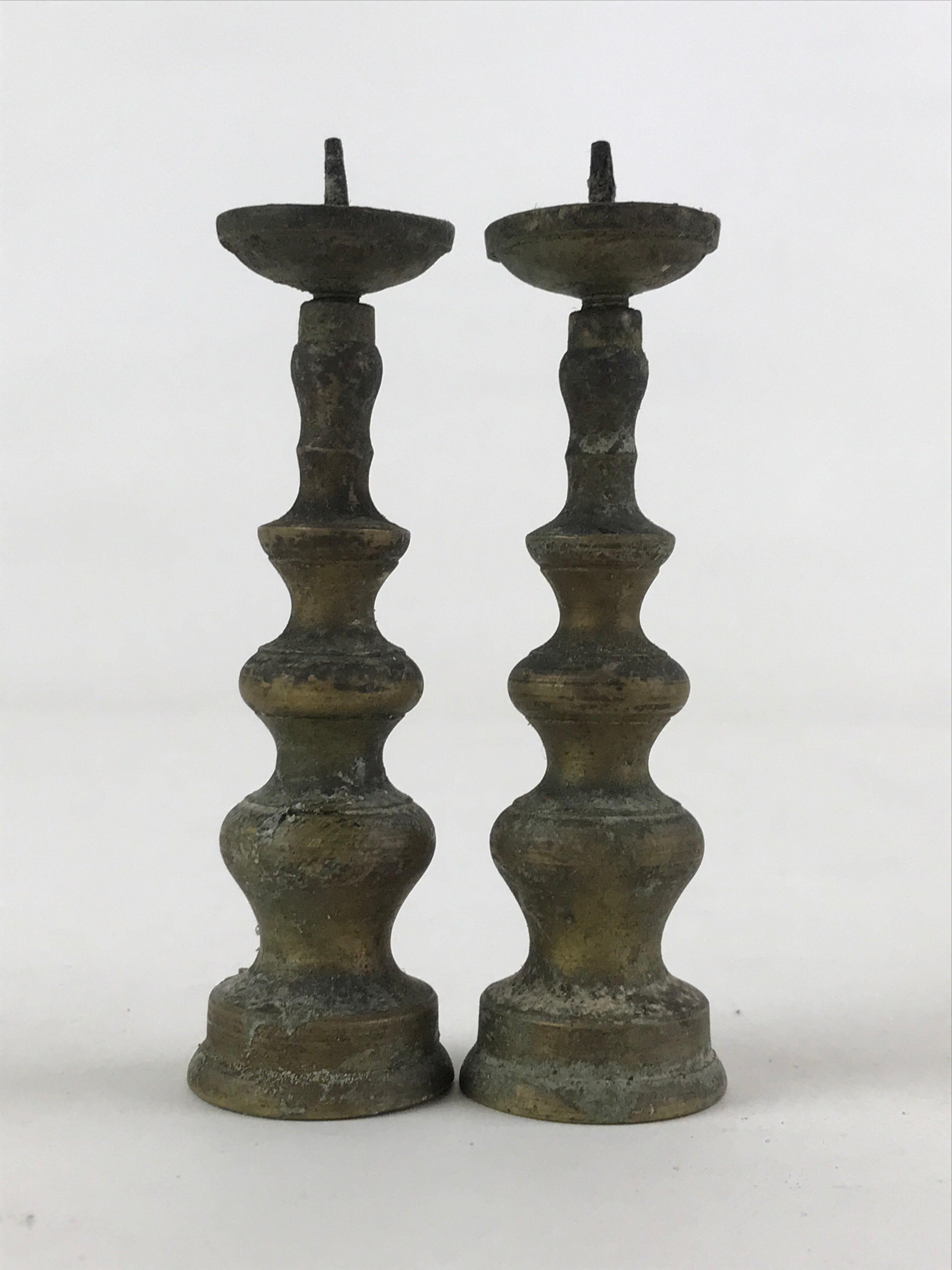 Antique Japanese Buddhist Altar Fitting Bronze Candle Stand Shokudai 2pc BA66