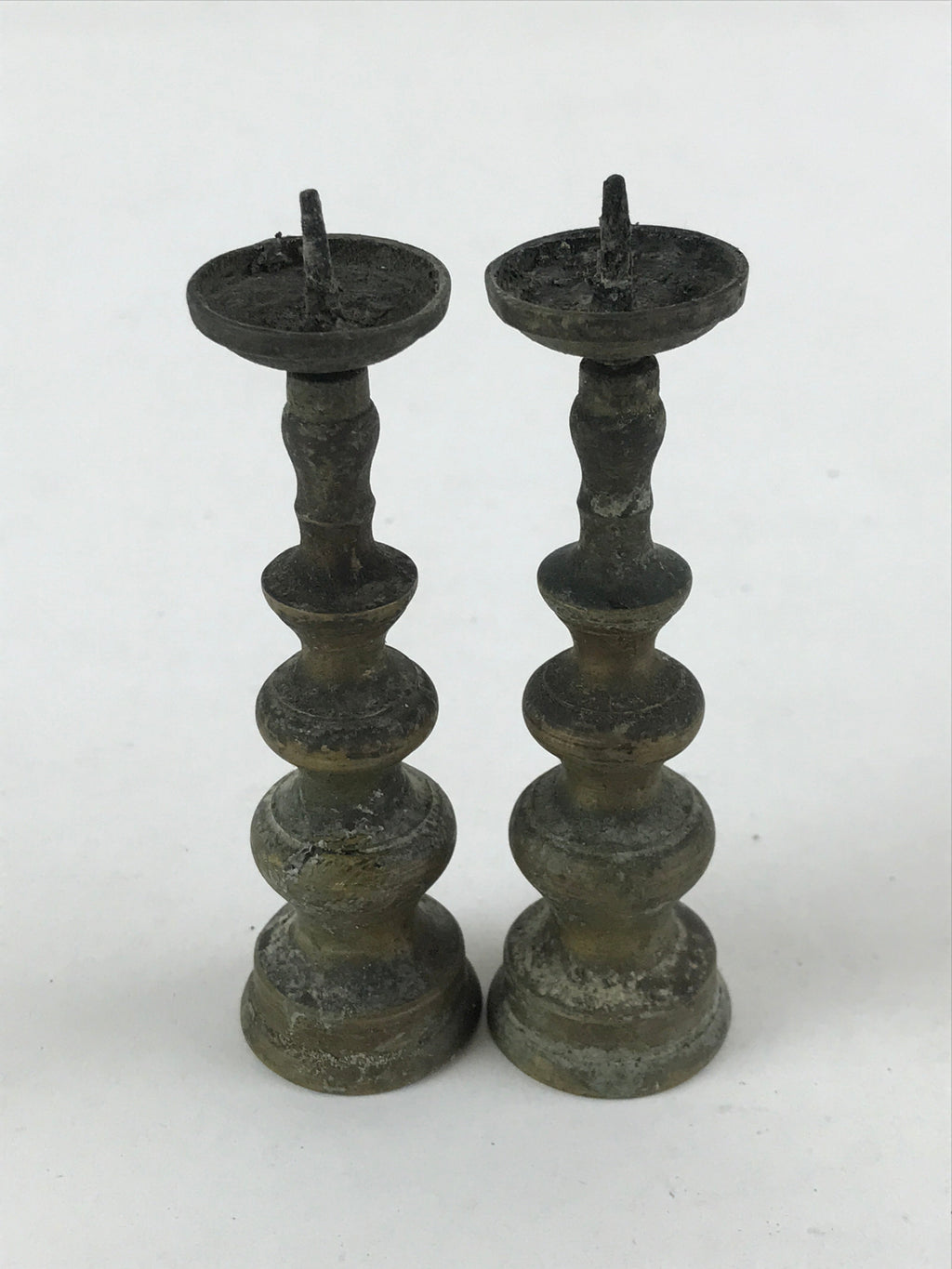 Antique Japanese Buddhist Altar Fitting Bronze Candle Stand Shokudai 2pc BA66