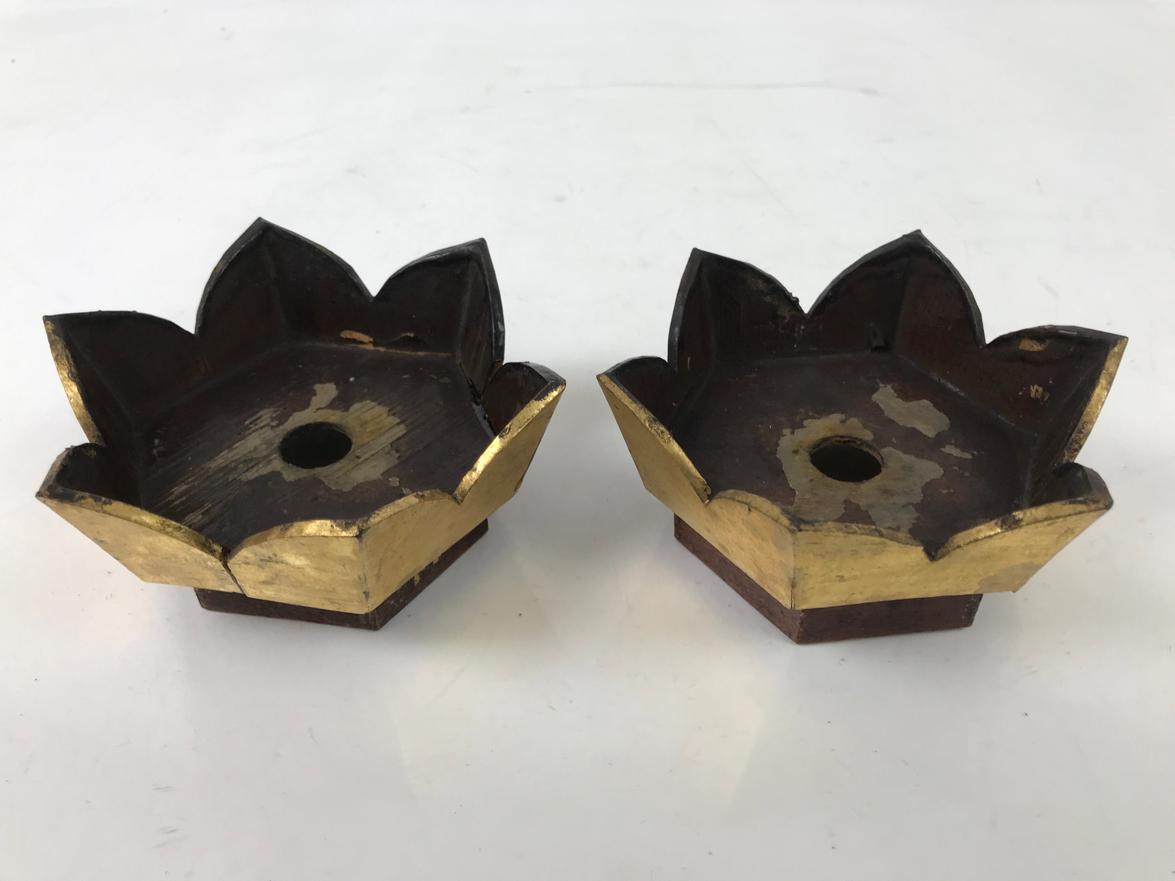 Antique Japanese Buddhist Altar Fitting Wood Kuge Offering Stand 2pc Gold BA525