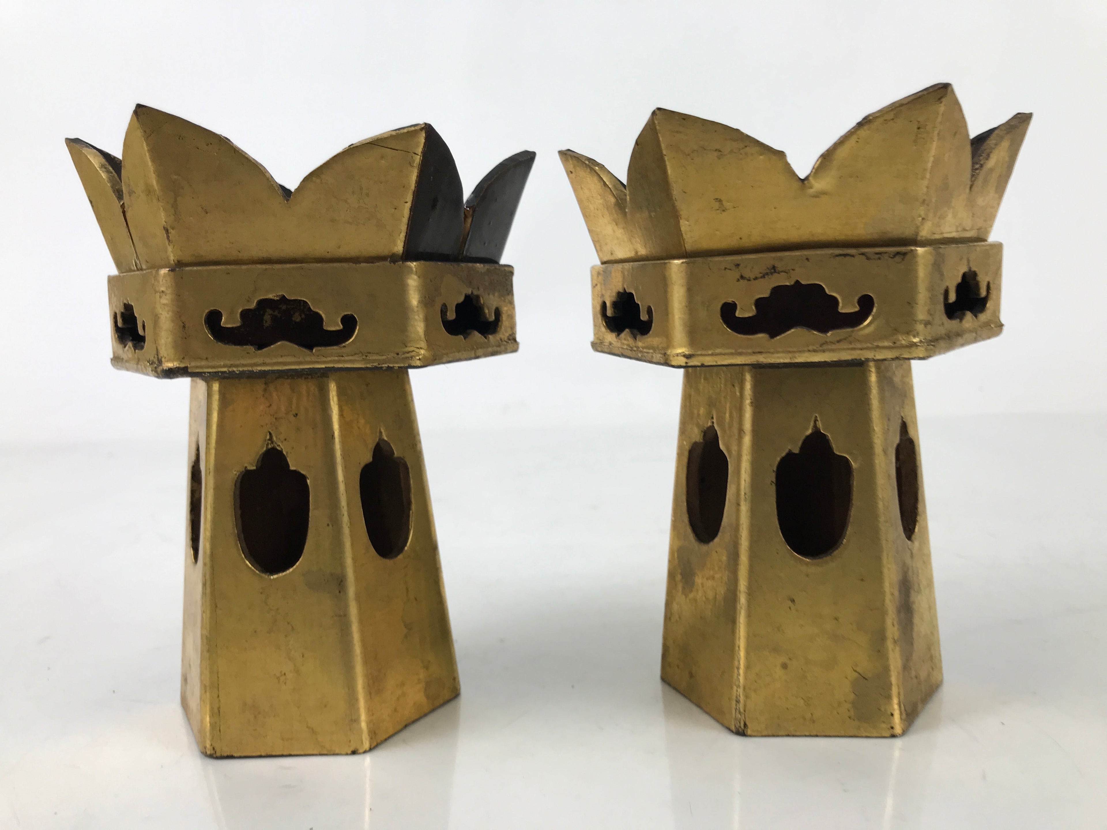 Antique Japanese Buddhist Altar Fitting Wood Kuge Offering Stand 2pc Gold BA525
