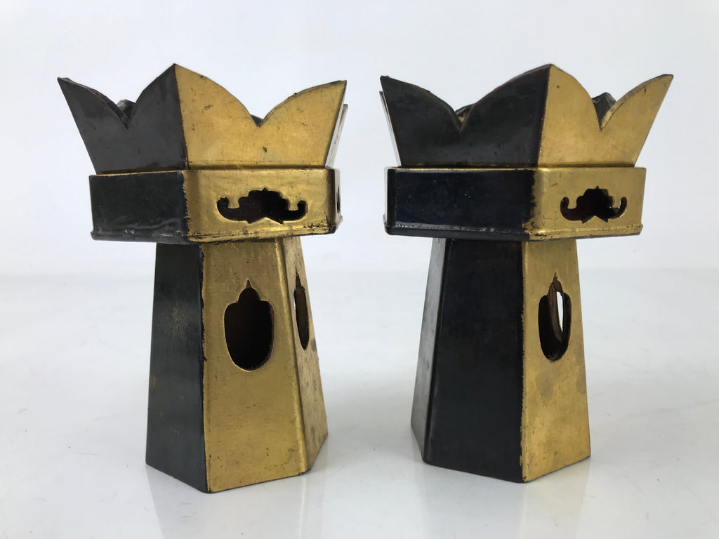 Antique Japanese Buddhist Altar Fitting Wood Kuge Offering Stand 2pc Gold BA525